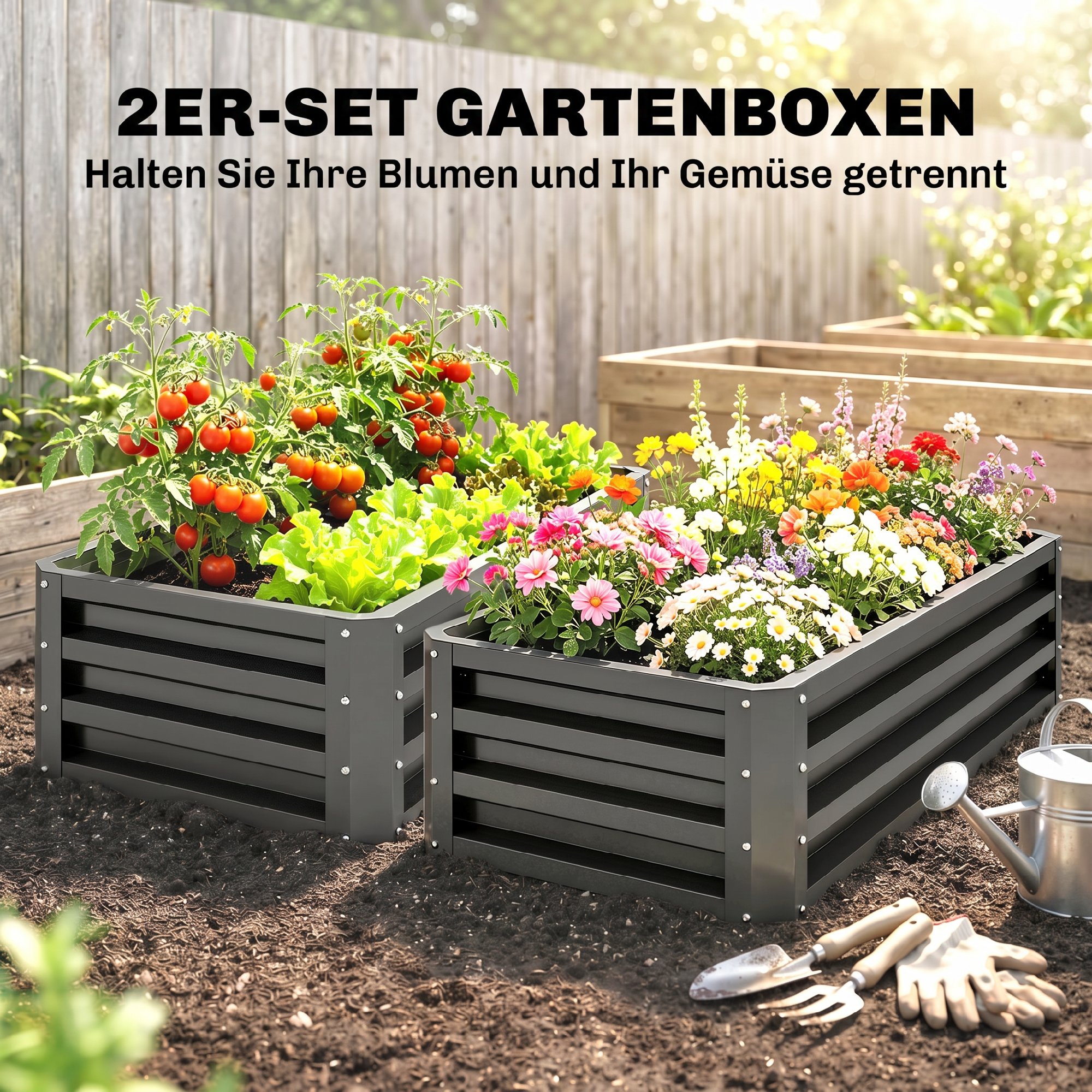 Hochbeet Metall 2er-Set, Offener Boden, Für Garten Balkon, 110x50x30cm, Dunkelgrau