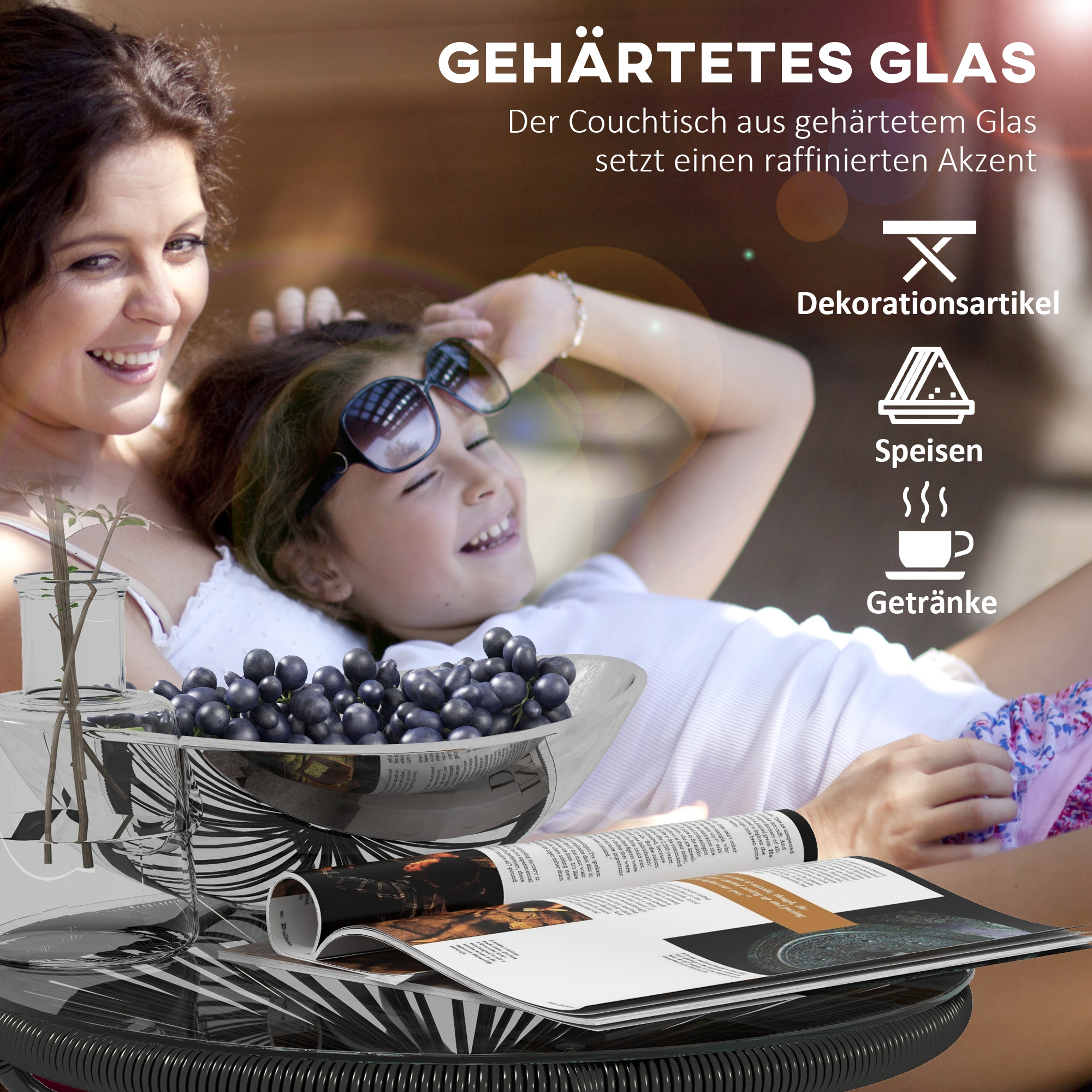 Gartentisch Boho-Stil Outdoor Beistelltisch, PE-Rattan, gehärtetes Glas, wetterbeständig, 50 cm x 50 cm x 50 cm, Schwarz