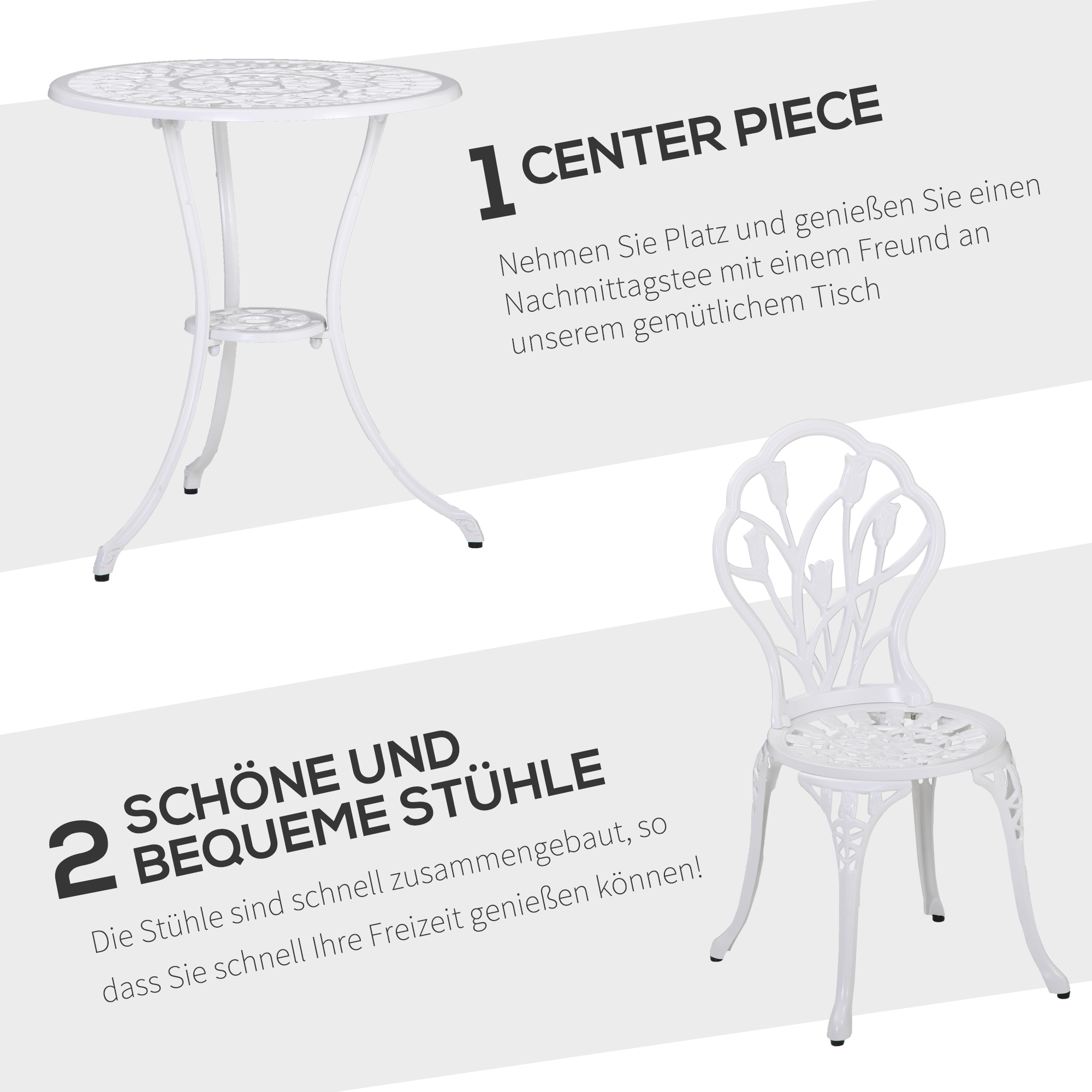 Sitzgruppe für 2 Personen Essgruppe Gartenmöbel-Set 1 Tisch+2 Stühle mit Schirmloch Aluminium Weiß