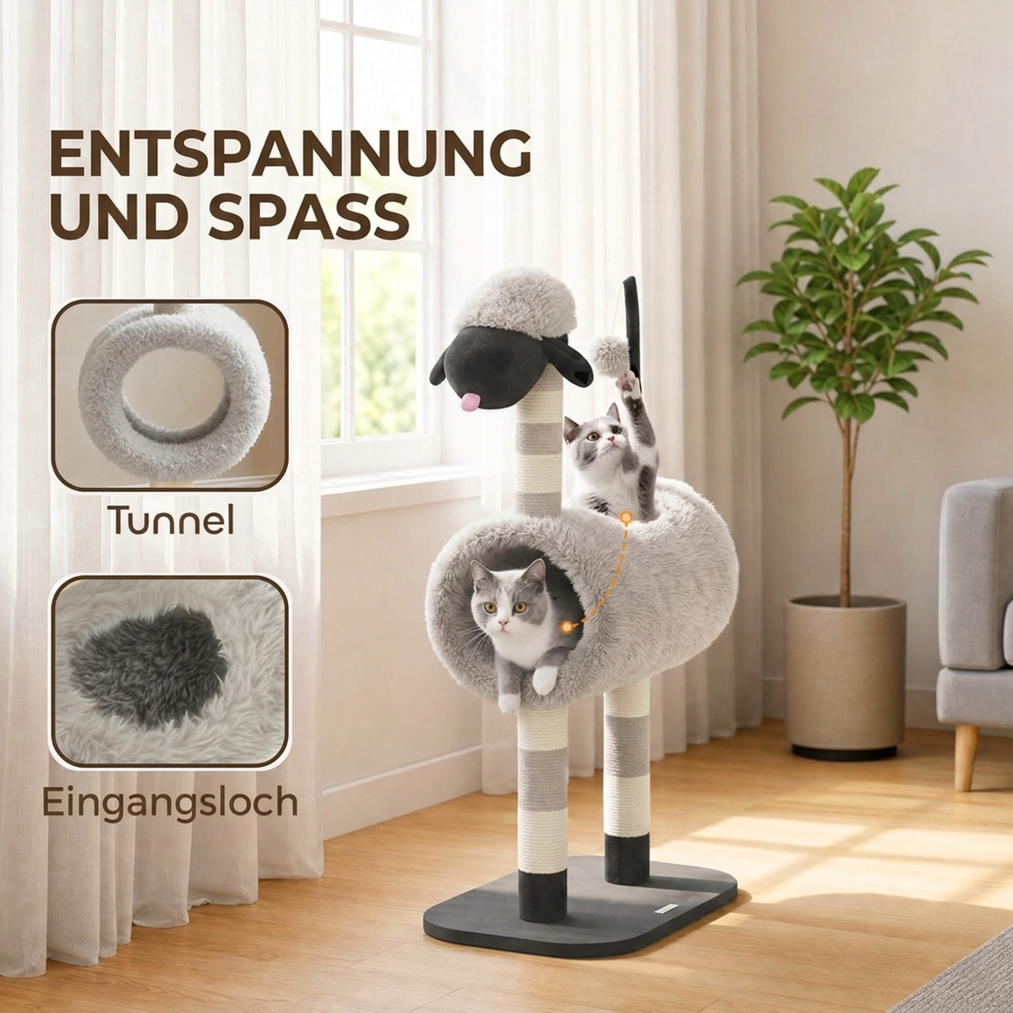 Katzenbaum im Schaf-Design, mit Kratzpfosten, Tunnel und Spielzeug, 98 cm, Hellgrau