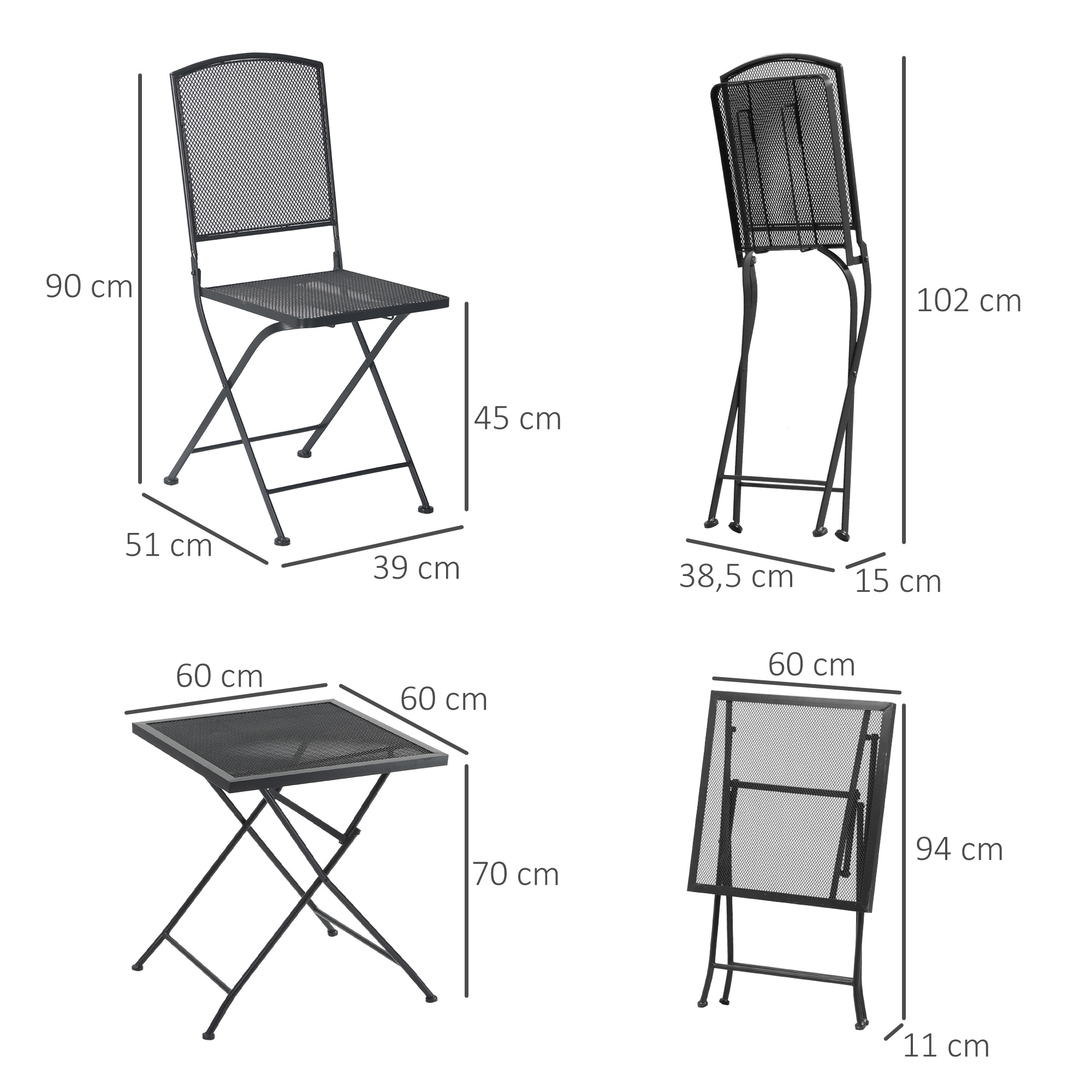 Garten Sitzgruppe für 2 Personen Bistro-Set Garnitur 1 Tisch+2 faltbare Stühle für Terrasse Balkon Metall Grau