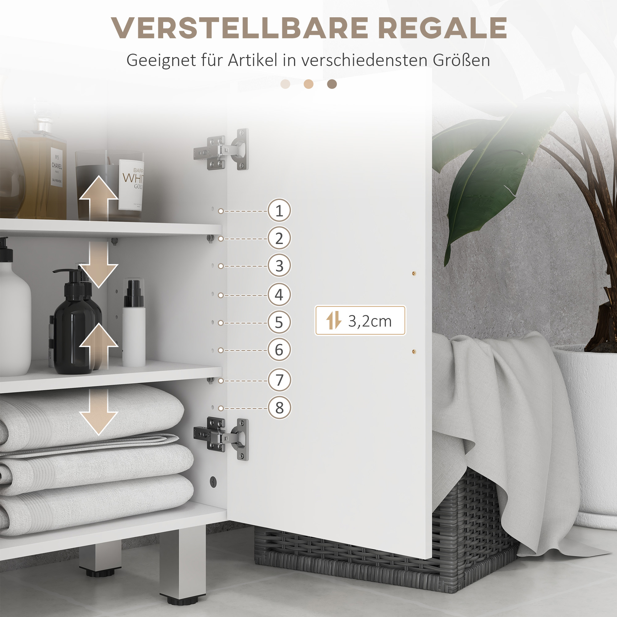 Badezimmerschrank, Badkommode, 2 Schubladen, verstellbares Regal, Holz, Weiß