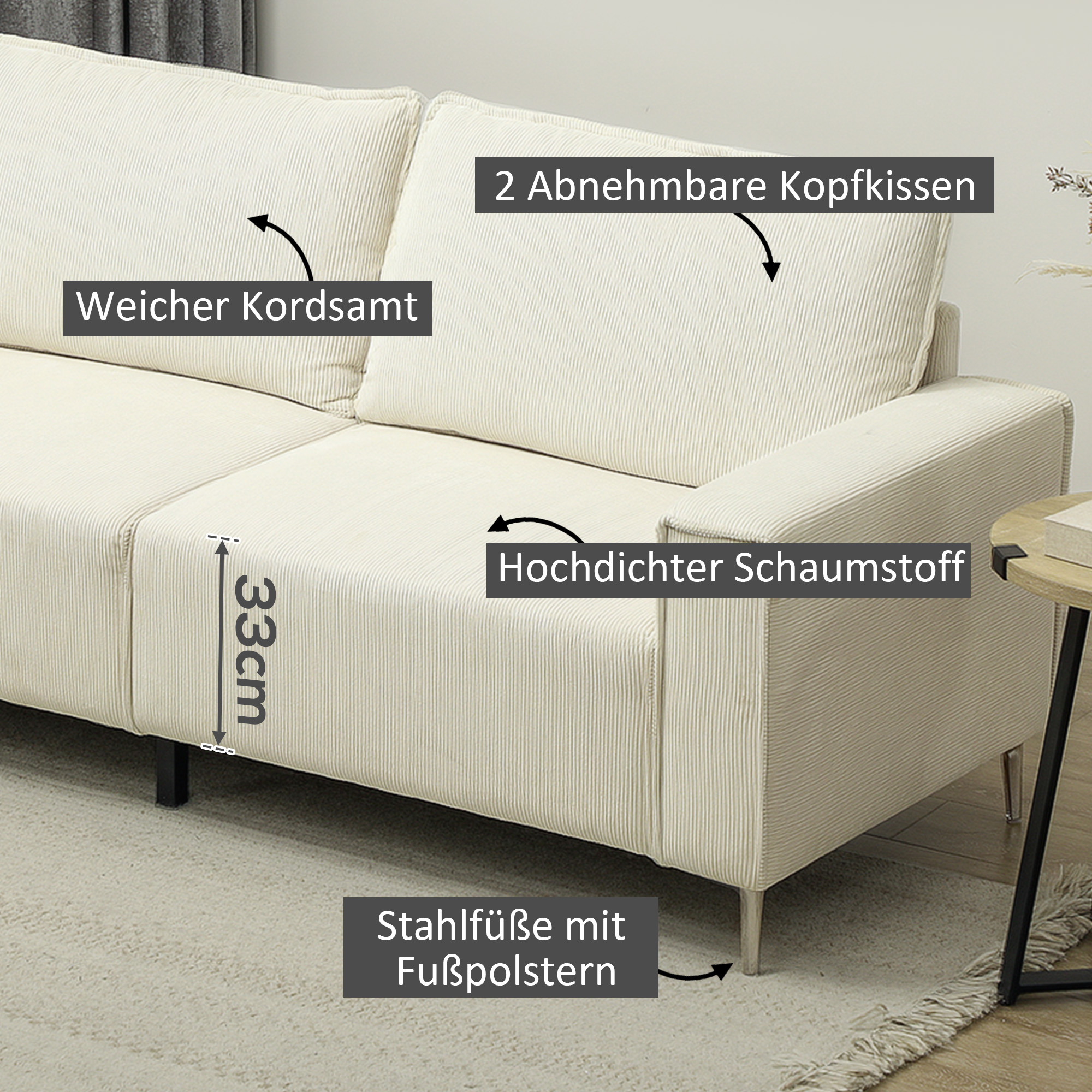 modernes 3-Sitzer-Sofa, Weiche Couch mit Rückenkissen, Polstersofa für Wohnzimmer, Schlafzimmer, Homeoffice, Cremeweiß