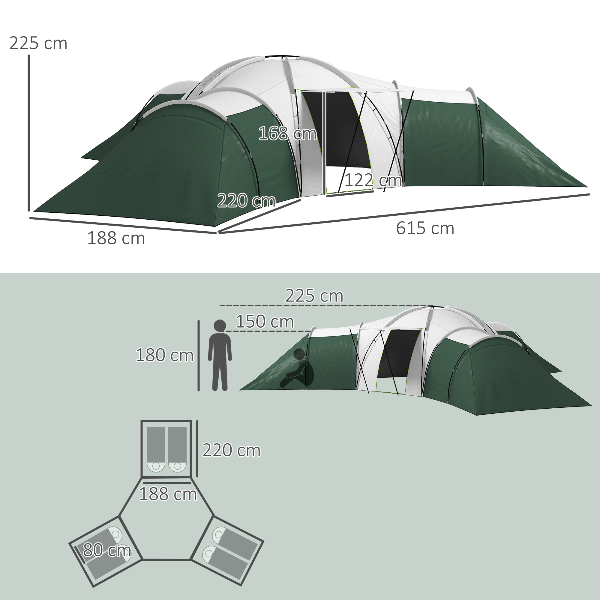 Campingzelt für 6-9 Personen, 4 Räume, Vorzelt, wasserdicht, 615x 615x225cm, Grün
