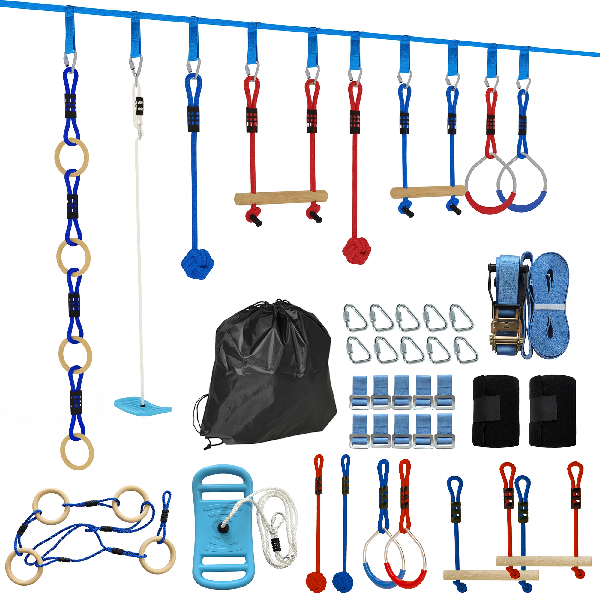 Ninja Line Kinder 10m 9-teilig Slackline Set mit 2 Turnringe 3-in-1 Schaukel 2 Kletterstange für 3-8 Jahre Mehrfarbig
