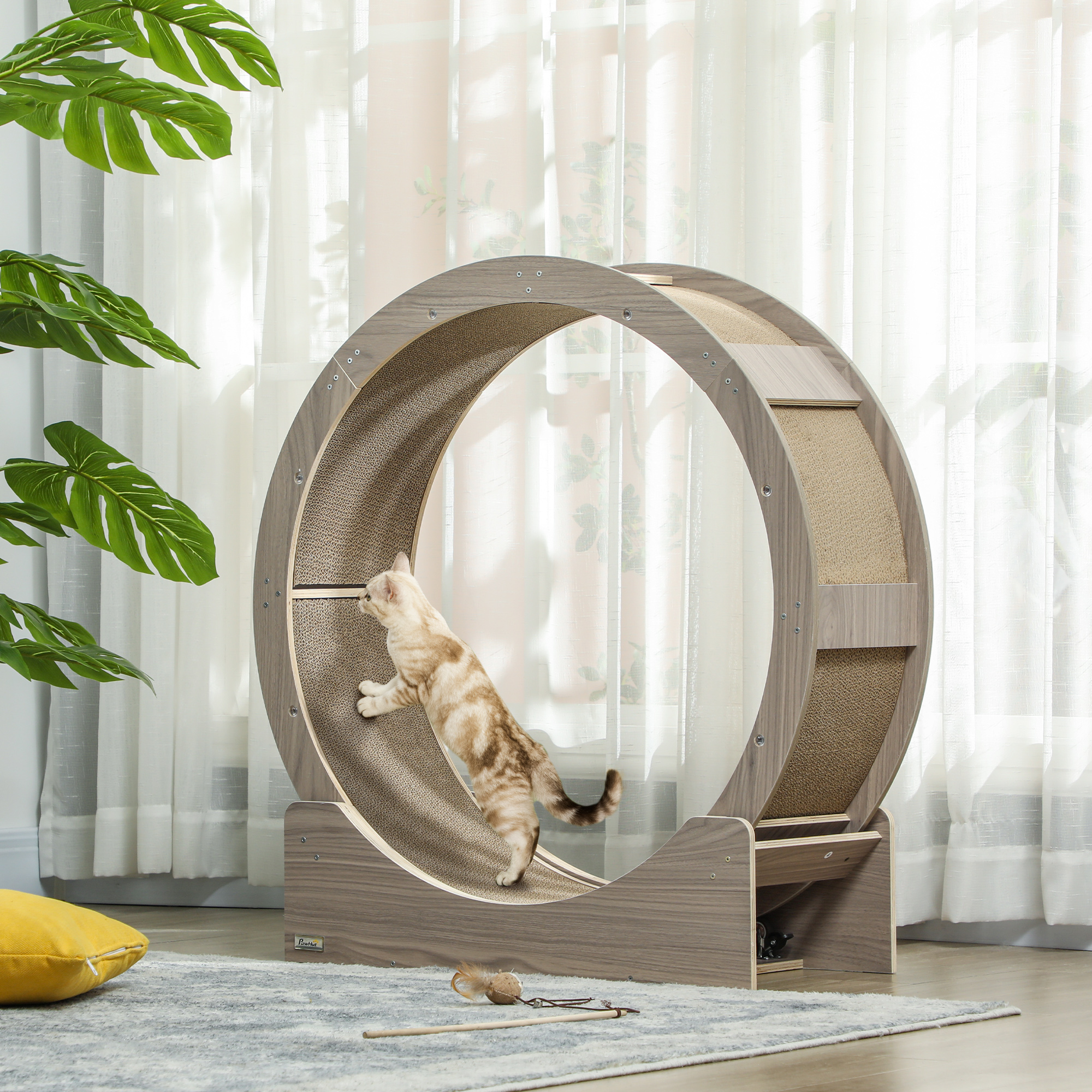 Katzenlaufrad, Laufrad für Katzen, 91 cm, mit Bremse, Kratzmatte, Katzenrad für gesunde Bewegung, Walnuss