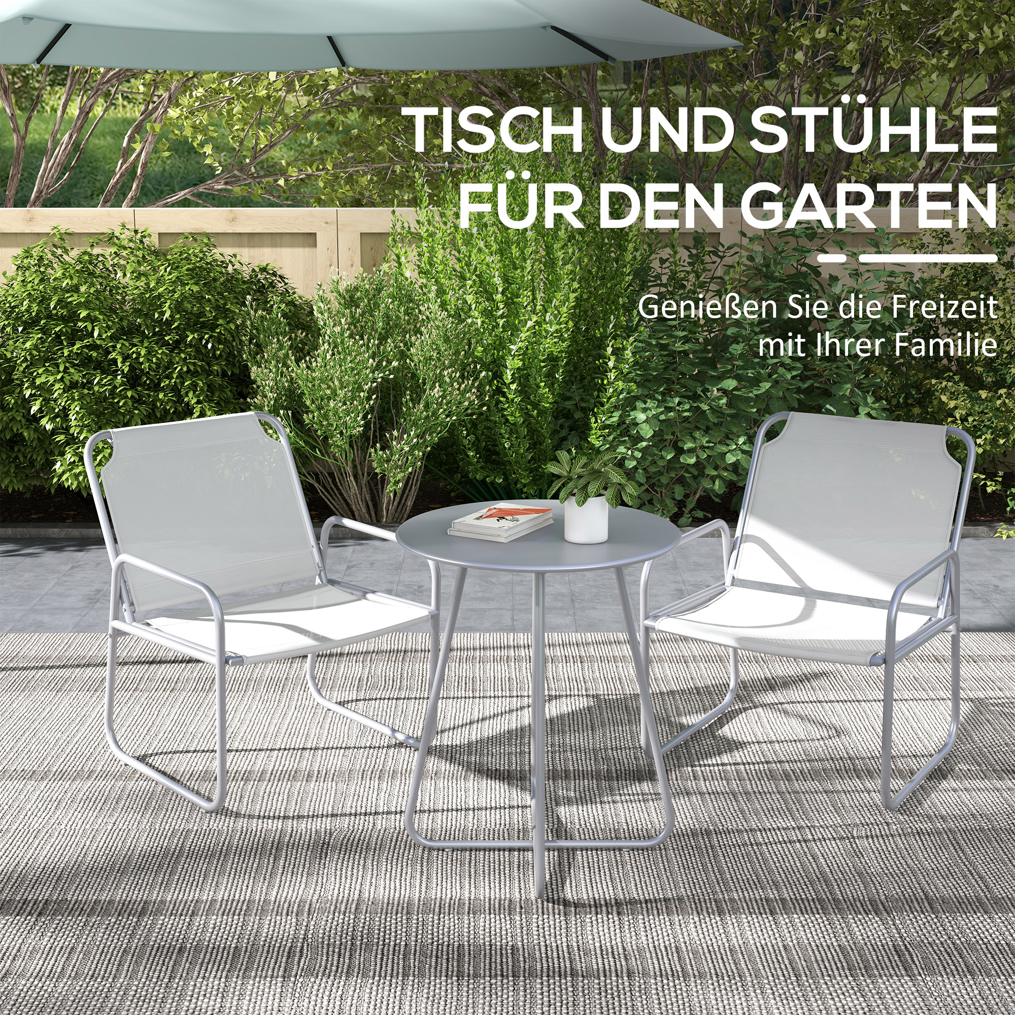 3-teiliges Gartenmöbelset, 2 Stühle mit atmungsaktivem Stoffbezug, 1 runder Tisch Ø60 cm, Hellgrau