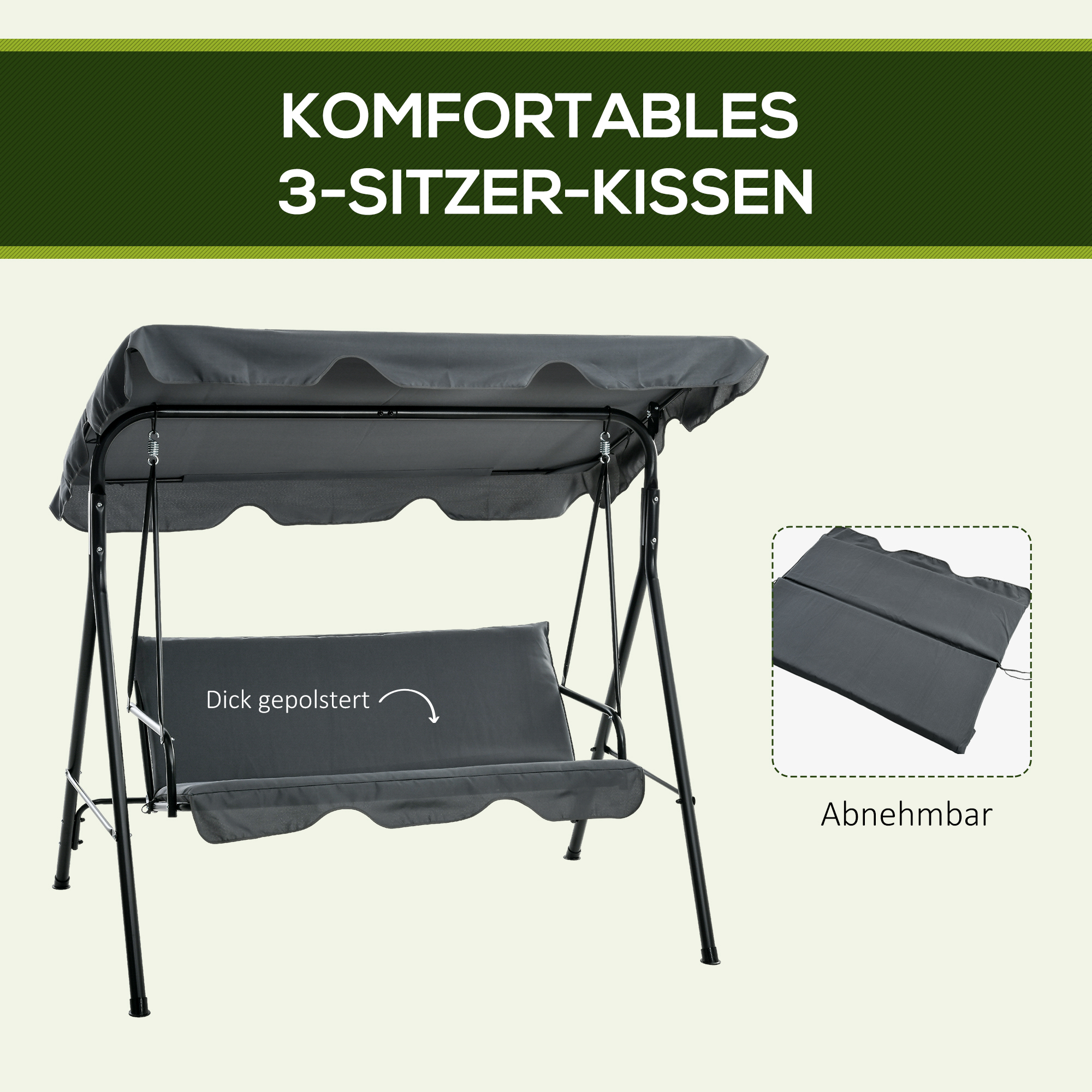 Hollywoodschaukel, Gartenschaukel, 3-Sitzer Schaukelbank mit Dach, Stahl, 172 x 110 x 153 cm, Grau