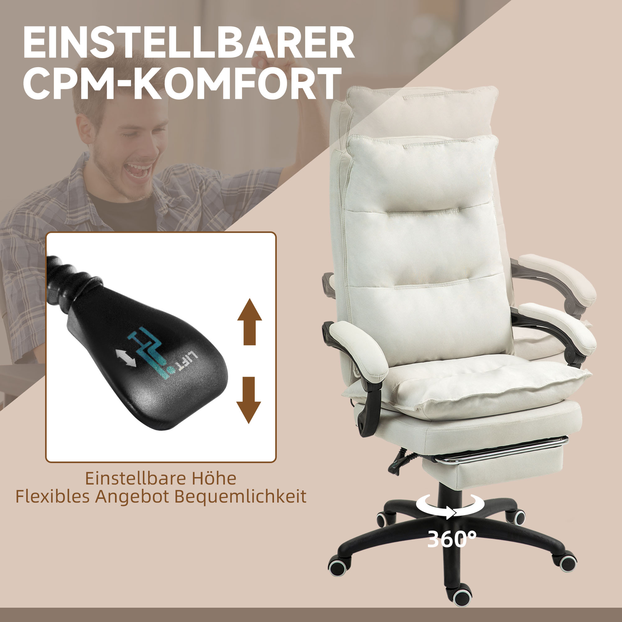 Massage-Bürostuhl, Schreibtischsessel mit Massagefunktion, höhenverstellbarer, ergonomischer Drehstuhl, Nylon, Cremeweiß