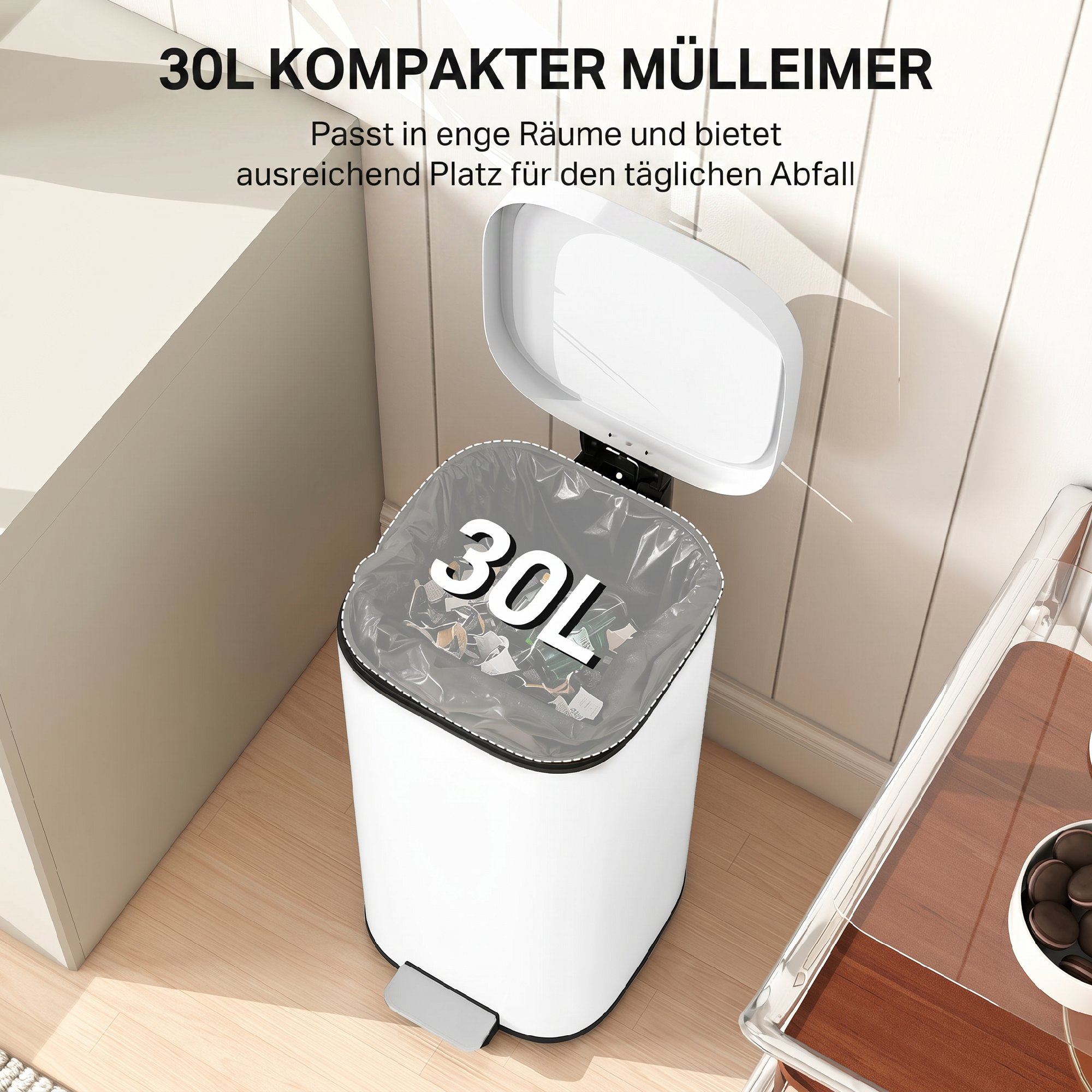 30L Küchenmülleimer Pedaleimer mit Deckel, Soft-Close- und Offenhalte-Funktion für Küche, Zuhause
