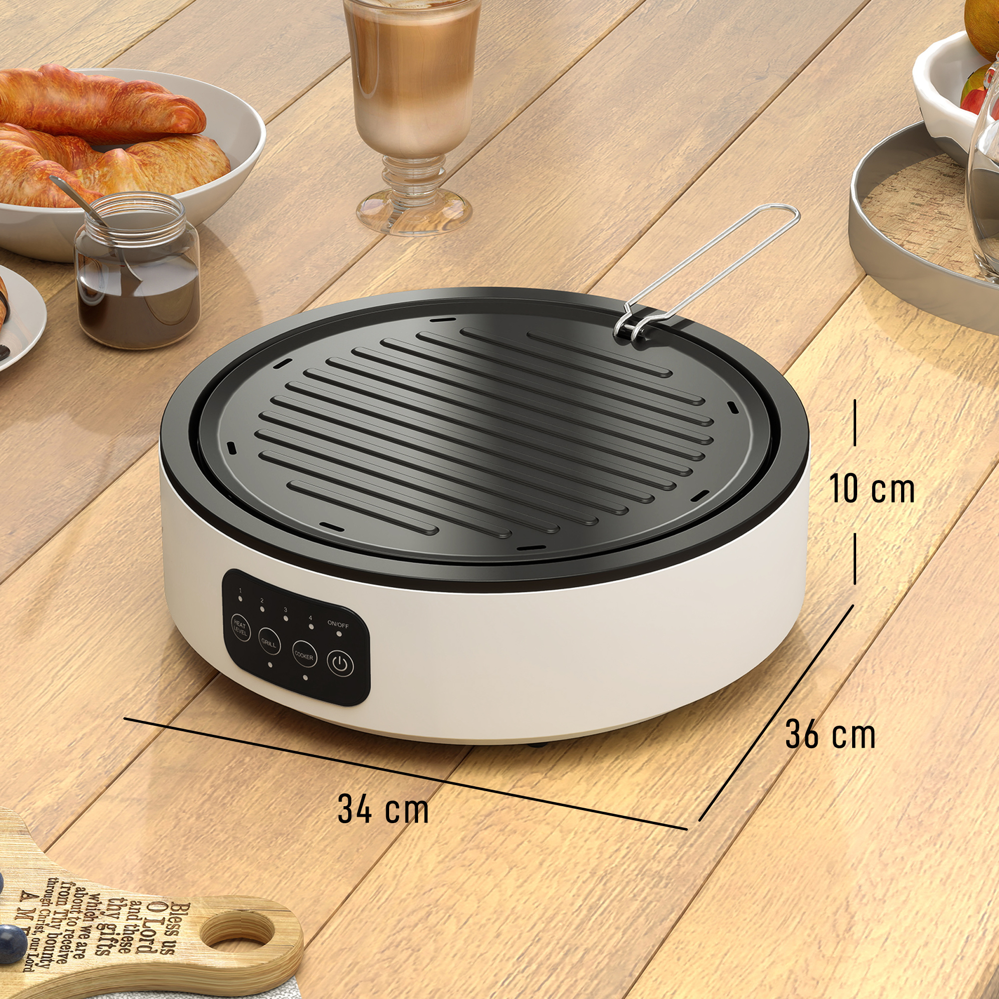 Dual-Keramikkochfeld, 2-in-1 Design, zum Kochen und Grillen, 2000W, 4 Hitzestufen, LED-Display, Fettfangschale, Weiß