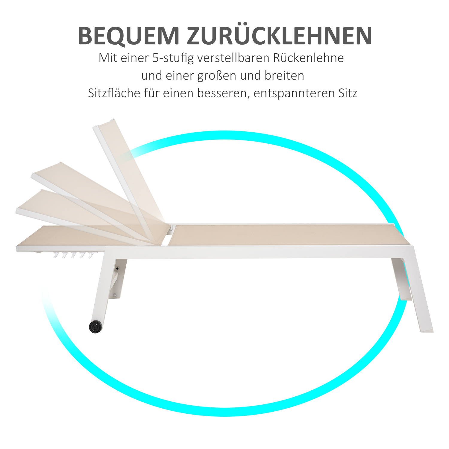 Sonnenliege, Gartenliege, 5-stufige Rückenlehne, Aluminium, Cremeweiß, 202 x 65 x 43 cm