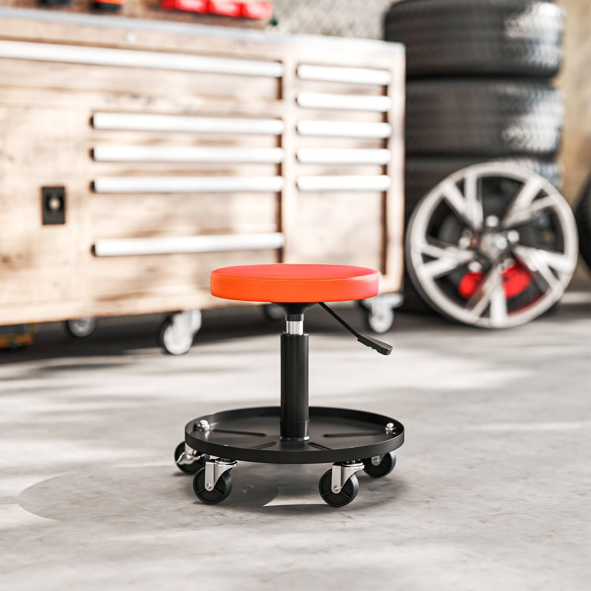 Werkstatthocker mit Rollen Ablagefläche höhenverstellbar 38-50cm bis 135 kg belastbar Orange
