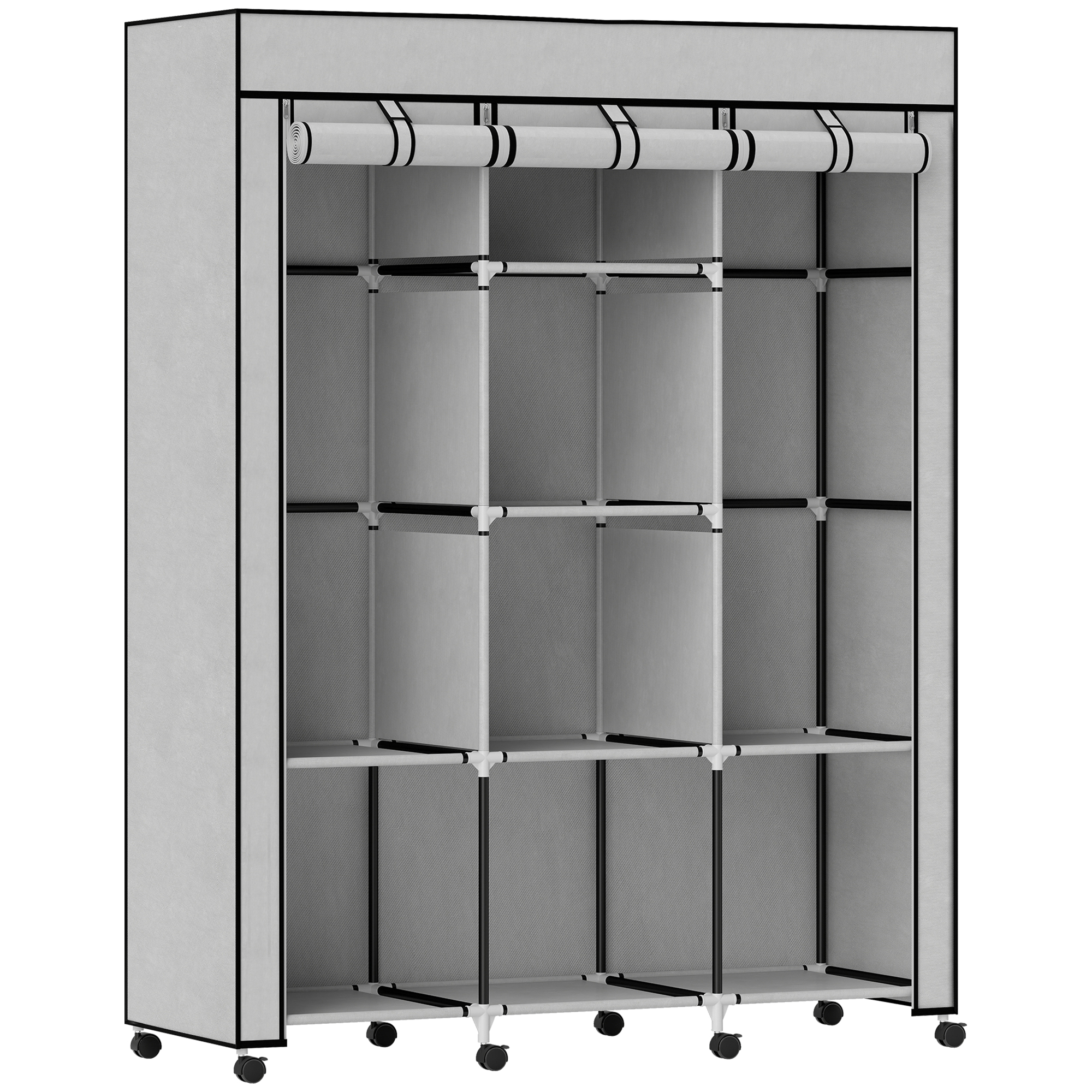 Schrank aus Stoff, Aufbewahrungslösung, 8 Regale, 2 Kleiderstangen, Grau Schrank aus Stoff, Aufbewahrungslösung, 8 Regale, 2 Kleiderstangen, Grau