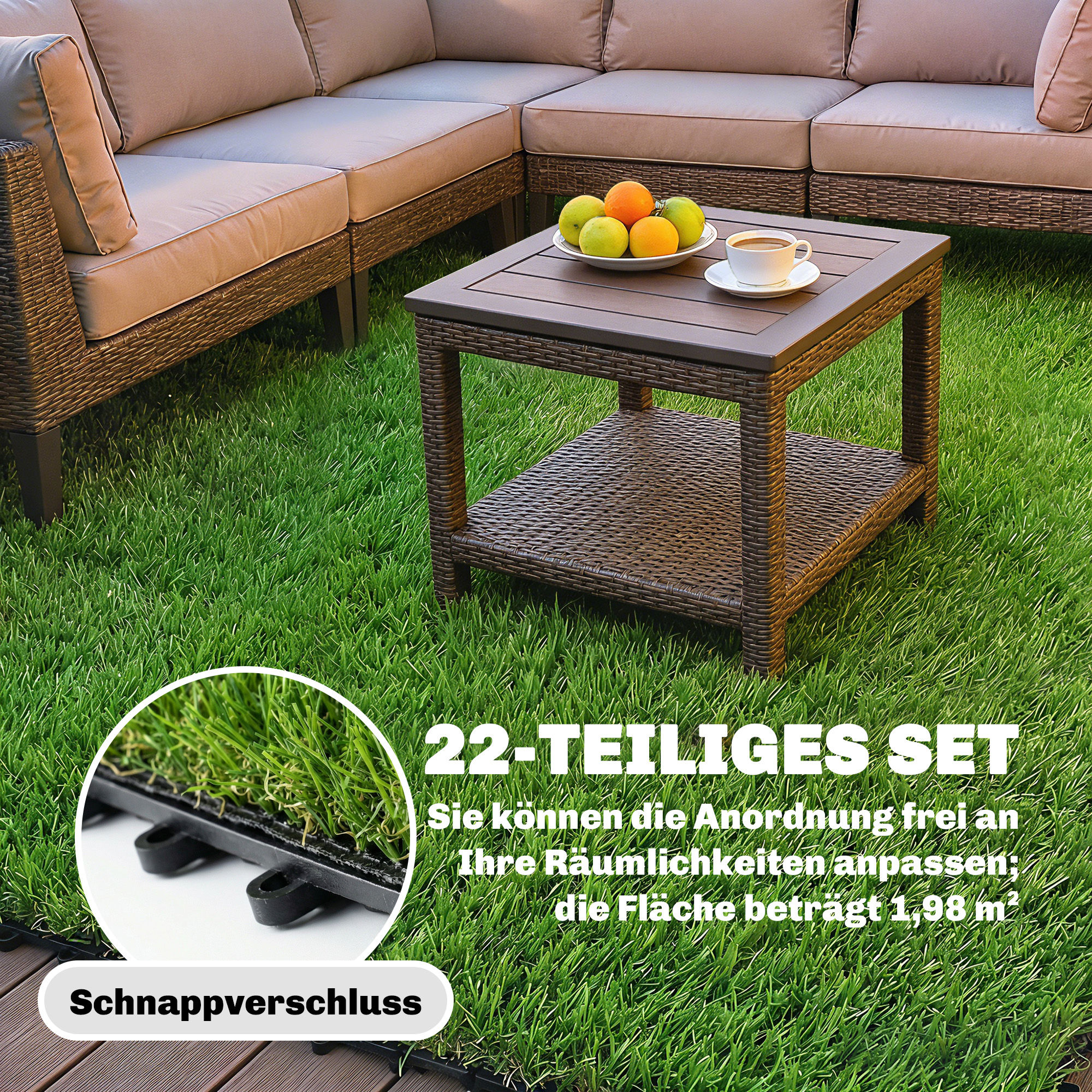 22er Set Kunstrasen Fliesen 30x30 cm Rasenfliesen mit Drainagesystem, 2m² Rasenteppich Kunststoff Grasmatte