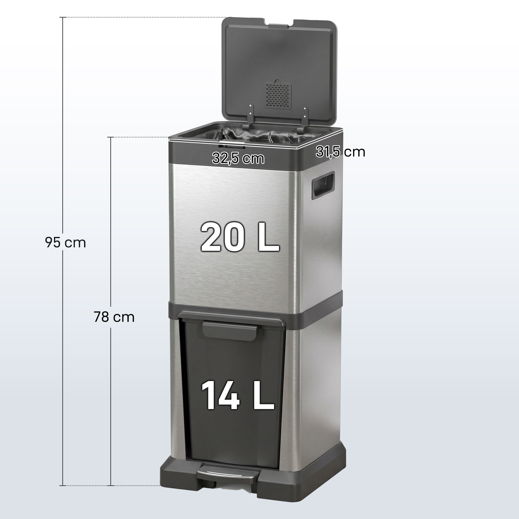 Mülleimer 20+14l Treteimer mit Deckel Fußpedal Kippfach herausnehmbare Inneneimer, Edelstahl 32,5 x 31,5 x 78 cm Silber