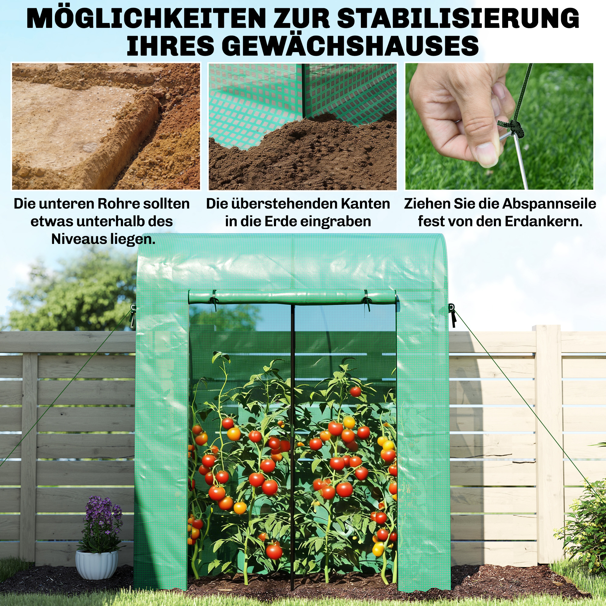 Tomatengewächshaus Foliengewächshaus mit Rolltor Netzfenster Bogendach 170 x 68 x 200 cm Grün