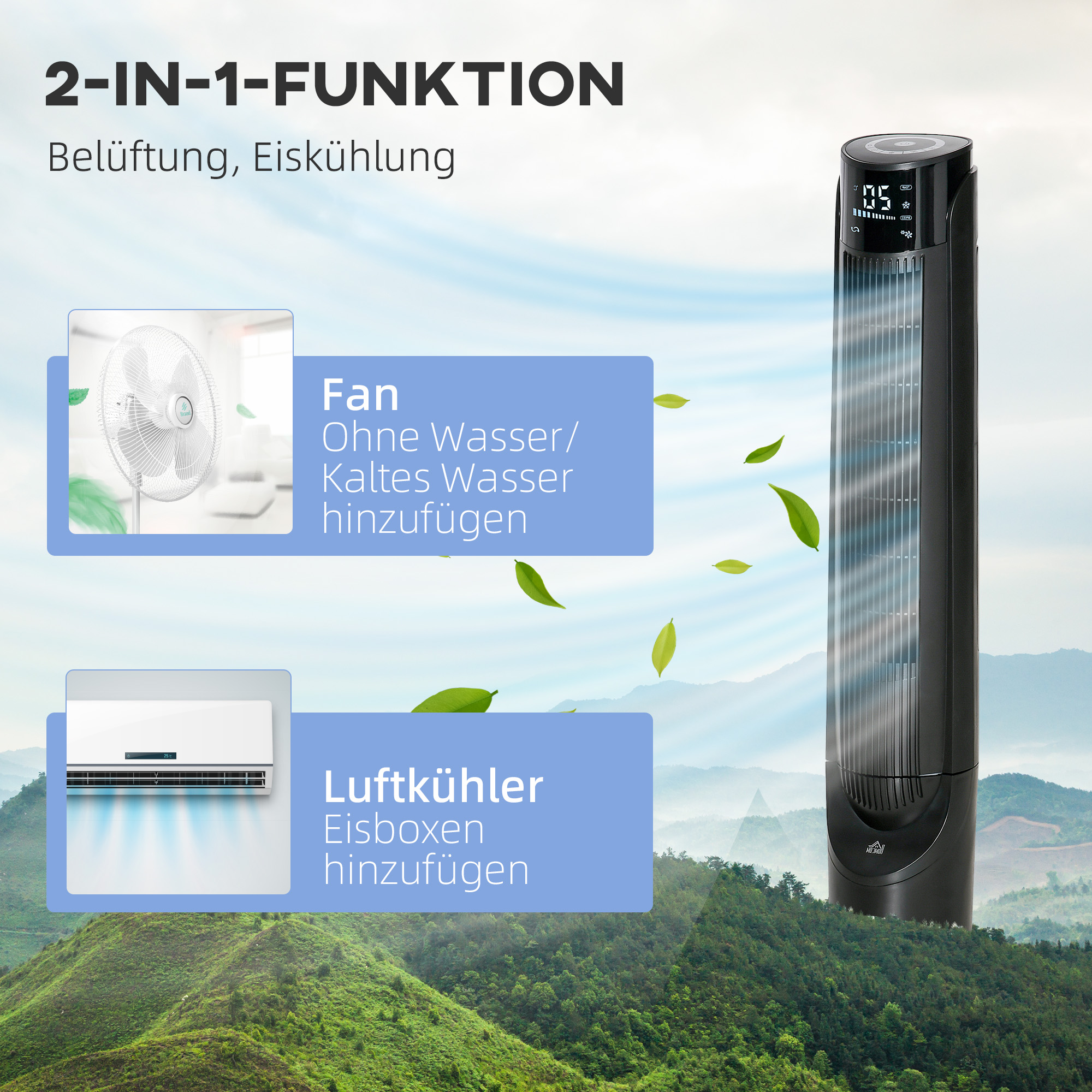 Turmventilator, Klimaanlage mit 4 Modi, 3 Geschwindigkeiten, Timer, Kunststoff