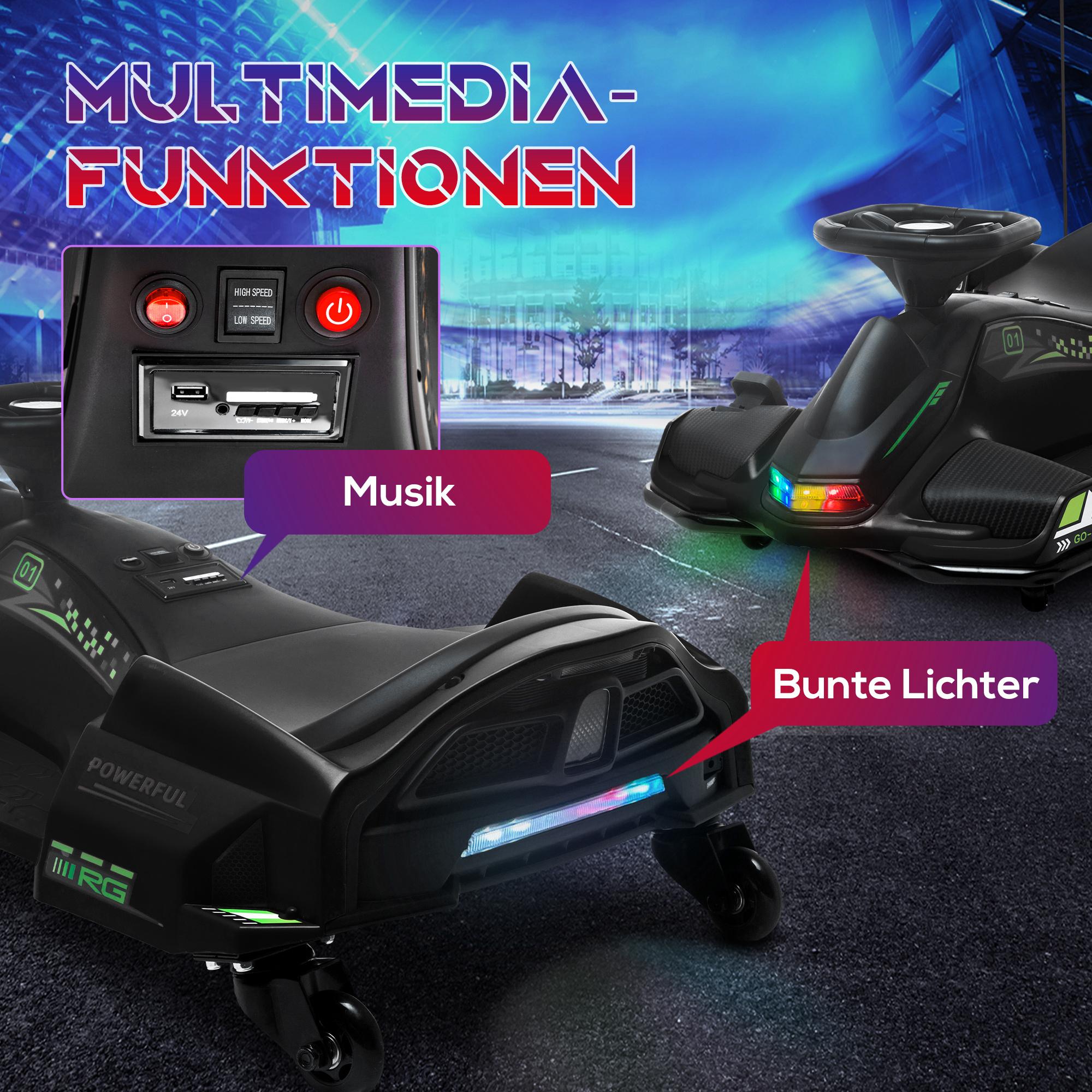 Elektrisches Go-Kart für Kinder, Gummiräder, 3-8 km/h, mit Lichtern und Musikfunktion, Schwarz