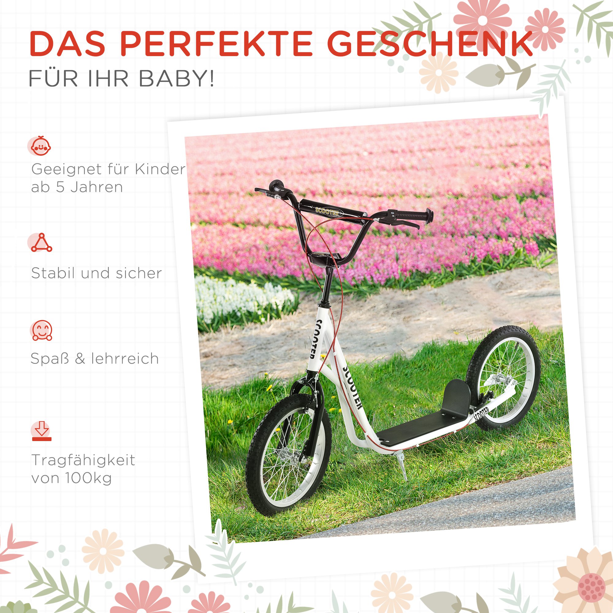 Kinderroller Scooter Tretroller Cityroller Kickscooter Roller Kinder Kickboard mit Luftreifen und Handbremse Scooter Kinder Wasserfest Faltbar ab 5 Jahre 16 Zoll Weiß 139 x 58 x 90-96 cm