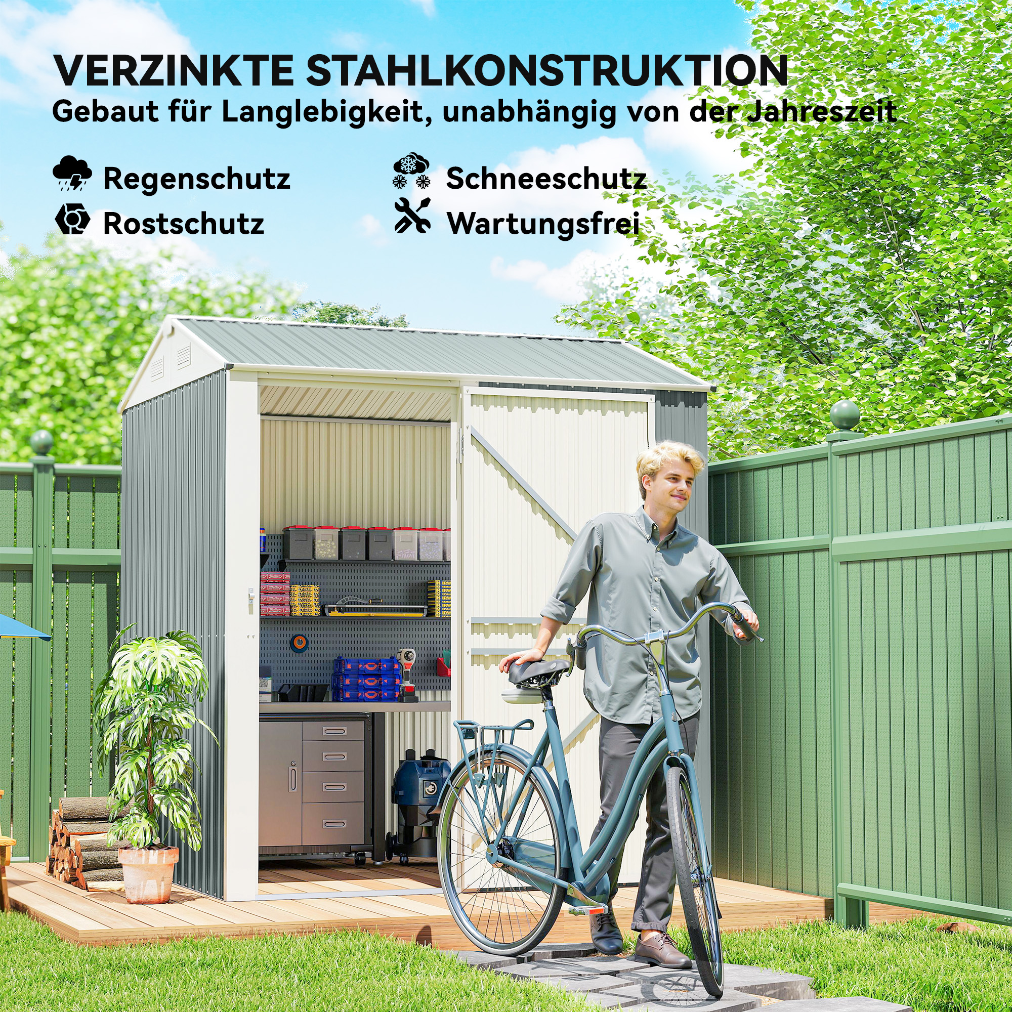 Metall Gerätehaus 3,5 m², Hoher Abschließbar Geräteschuppen mit Sattedach Lüftungen Handschuhen, 209 x 177 x 236 cm