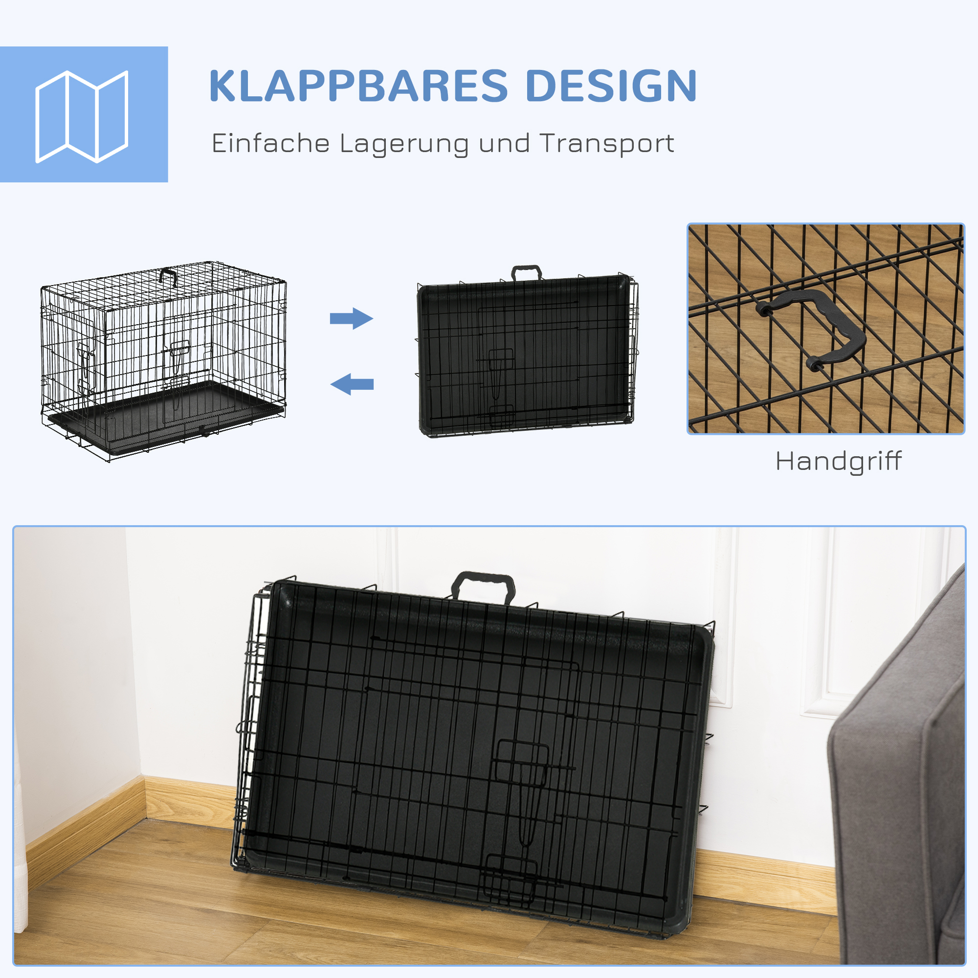 Hundekäfig, Transportkäfig, Drahtkäfig, herausnehmbare Bodenwanne, Schwarz