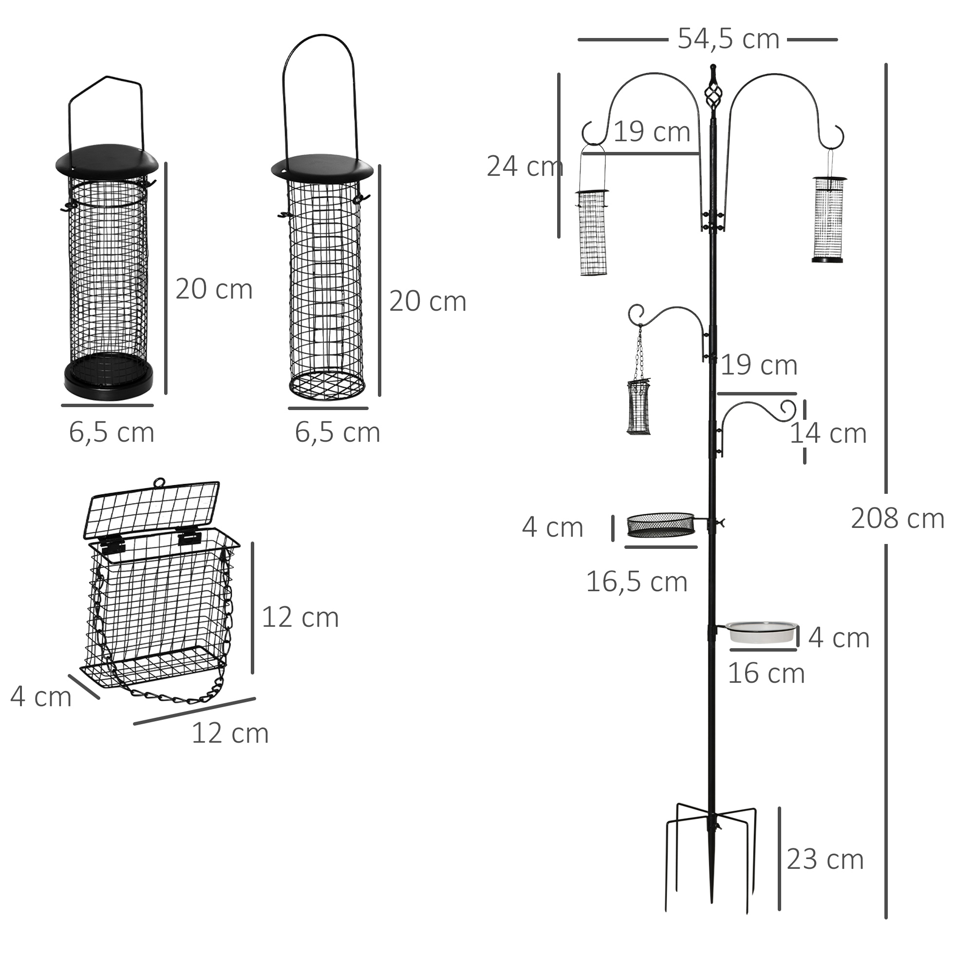 Vogel Futterstation Set aus Stahl Höhe 208 cm inkl. 4 Haken Vogeltränke Futterteller Vollständiges Futtersäulen Vogelfutterspender Station Schwarz