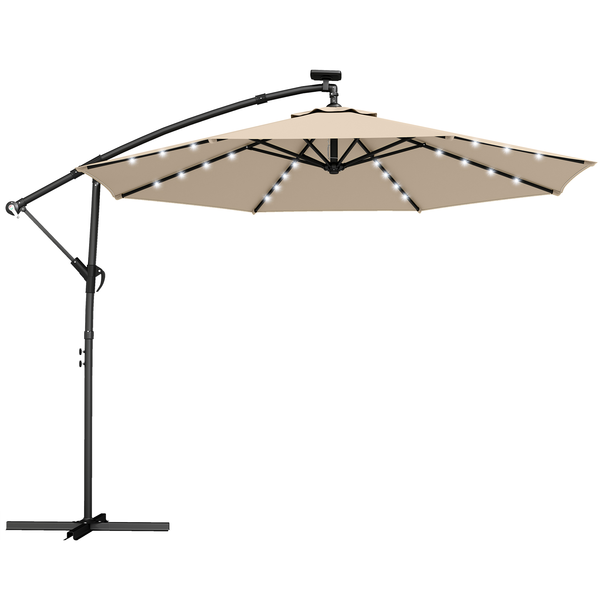 Ampelschirm LED Solar ca. Ø300 cm Drehbar Sonnenschirm mit Kurbel Ständer Schutzhülle Beige