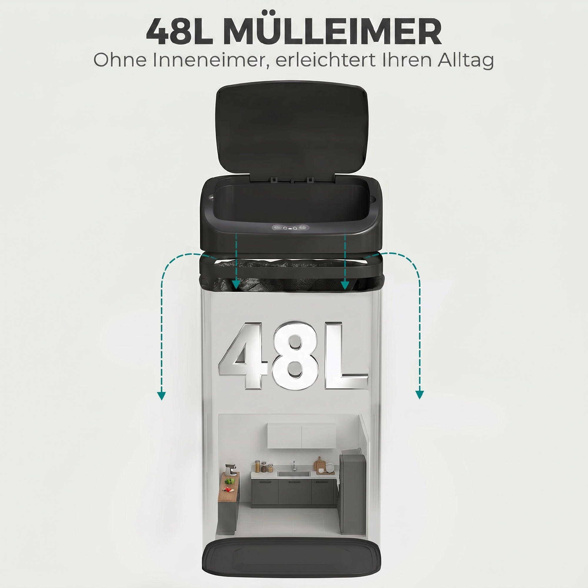 48l Sensor-Mülleimer für Küche oder Büro, automatische Schließ-Funktion, Edelstahl, Schwarz