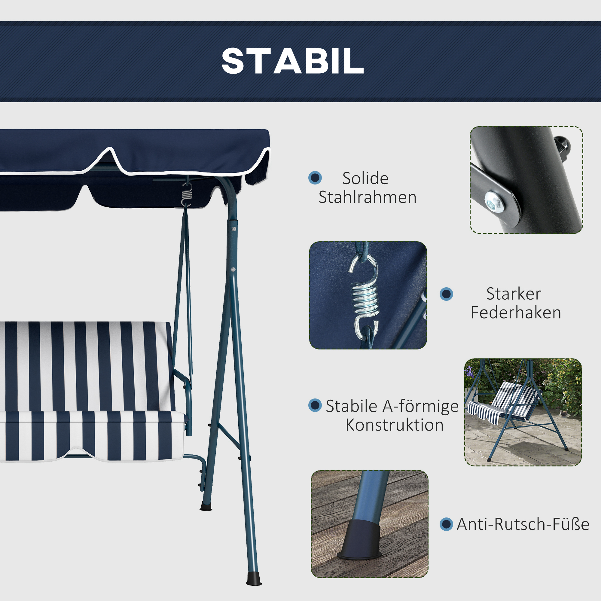 Hollywoodschaukel Gartenschaukel 3-Sitzer, wetterbeständig, verstellbares Dach, 172 x 110 x 153, Blau