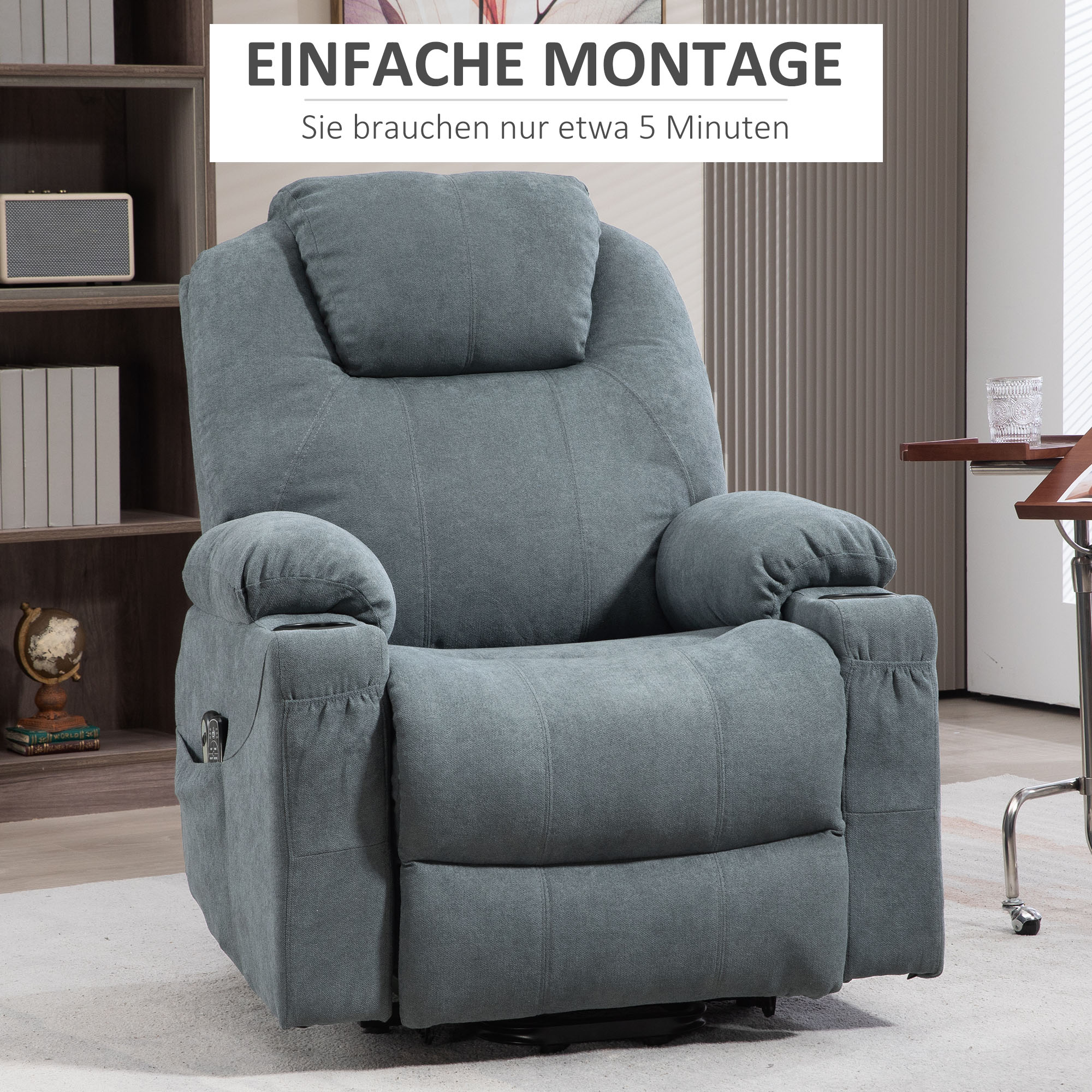 Massagesessel  Aufstehhilfe Seniorensessel, 8 Massagepunkte, Seitentaschen, Fernbedienung, 90L x 101B x 107 cm, Grau