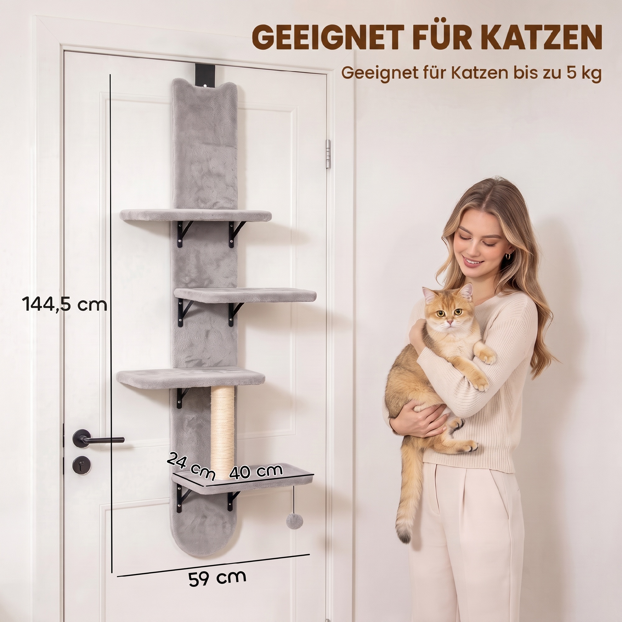 Katzenkletterwand für die Tür Wandkratzbaum mit Sisal-Kratzstamm in Hellgrau