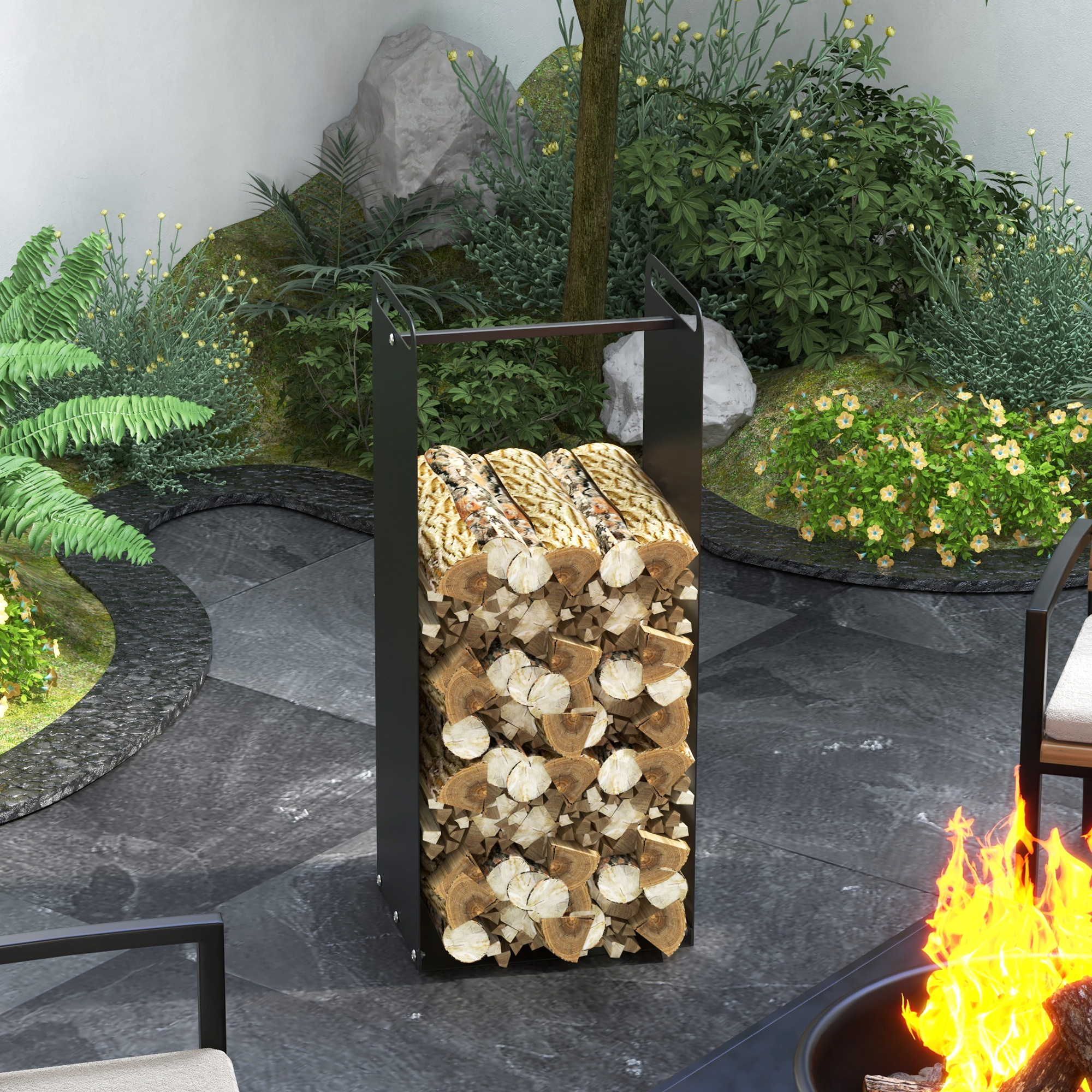 Feuerholzgestell, 2 Tragegriffe, Stahlrahmen, bis 30kg, 37x30x90cm, Schwarz