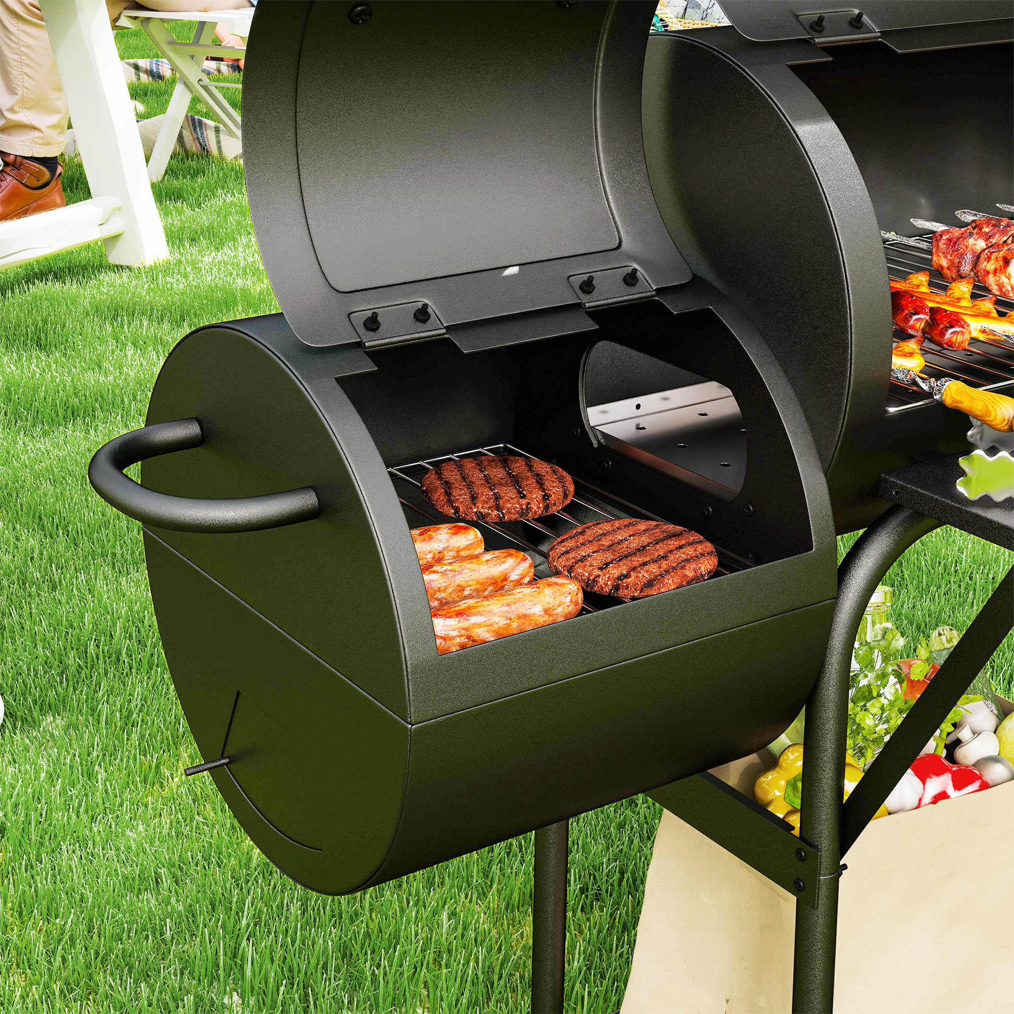 Holzkohlegrill aus Stahl BBQ Smoker mit Deckel Thermometer Räder Luftzufuhr Kohlewanne