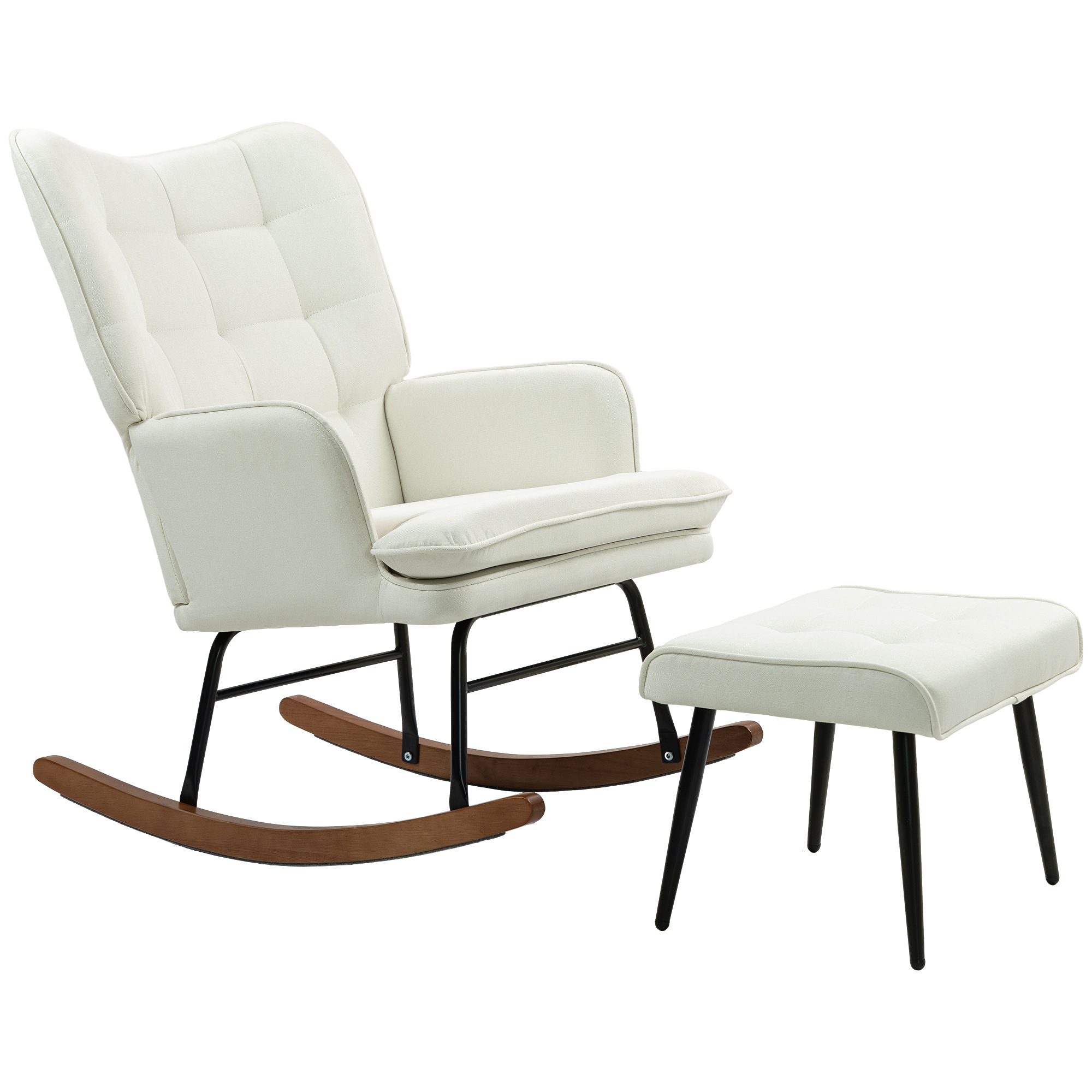 Schaukelstuhl mit Hocker, sanftes Schaukelsystem, Leinenimitat, 64 x 89 x 90 cm, Cremeweiß