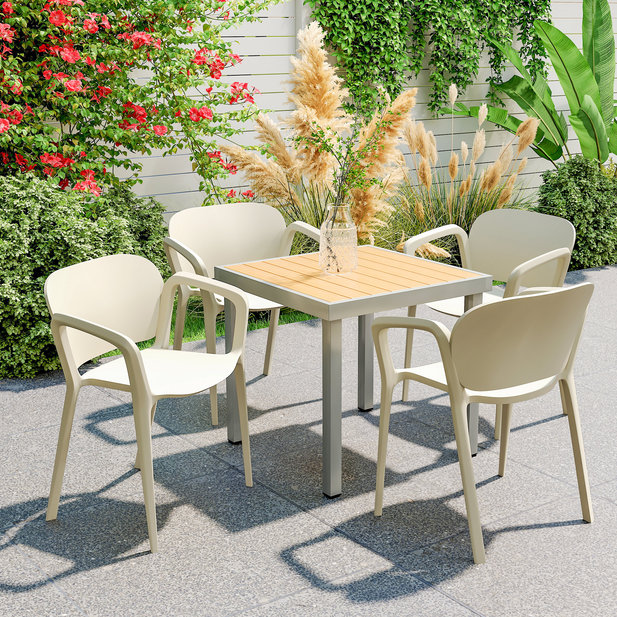 Gartenstuhl 4er Set wetterfest Gartenstühle aus Kunststoff Stapelstuhl mit Armlehne Rückenlehne bis 120 kg belastbar