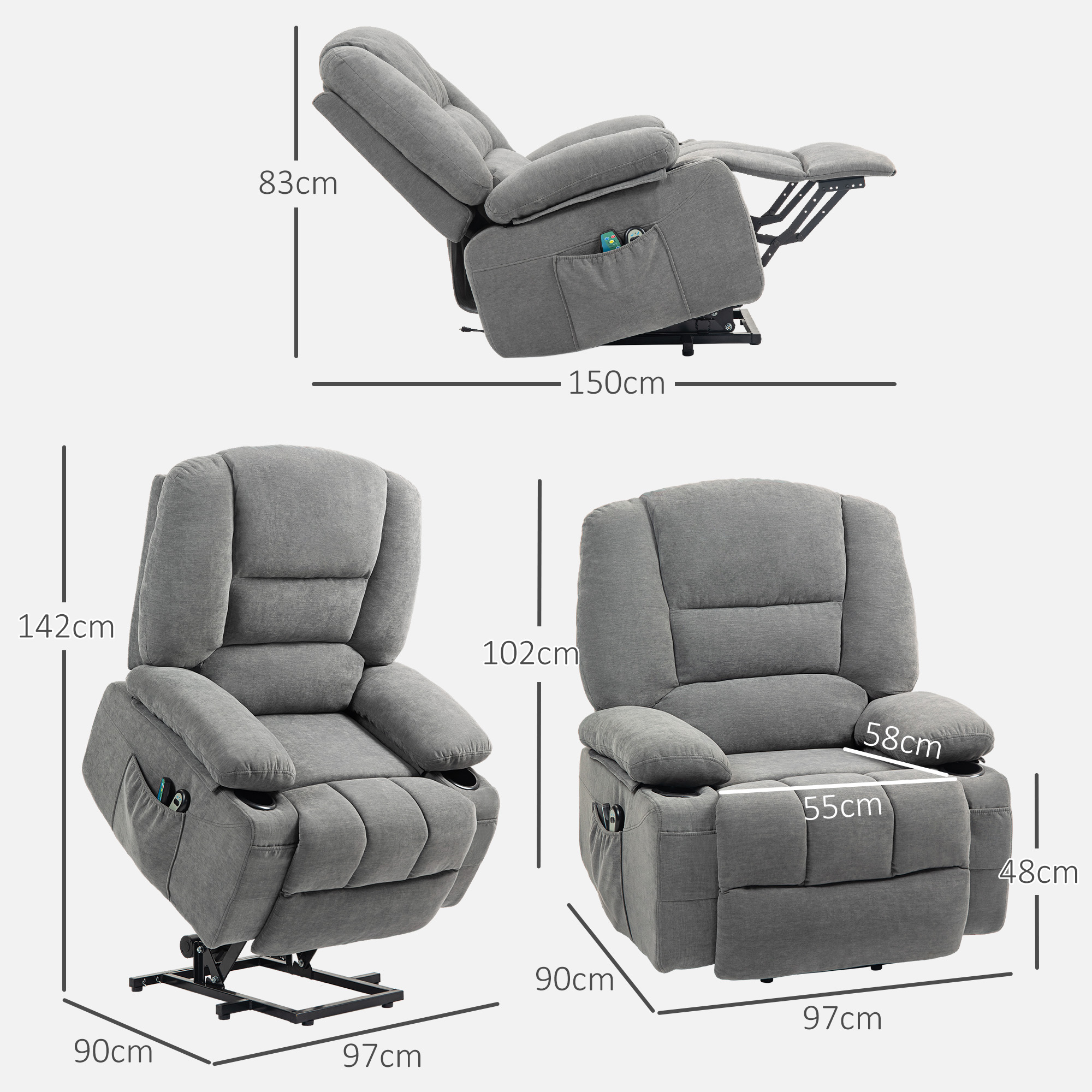 Elektrischer Relaxsessel mit Aufstehhilfe, Massagesessel mit Wärmefunktionen, 2 Fernbedienungen, weicher Schaumstoff