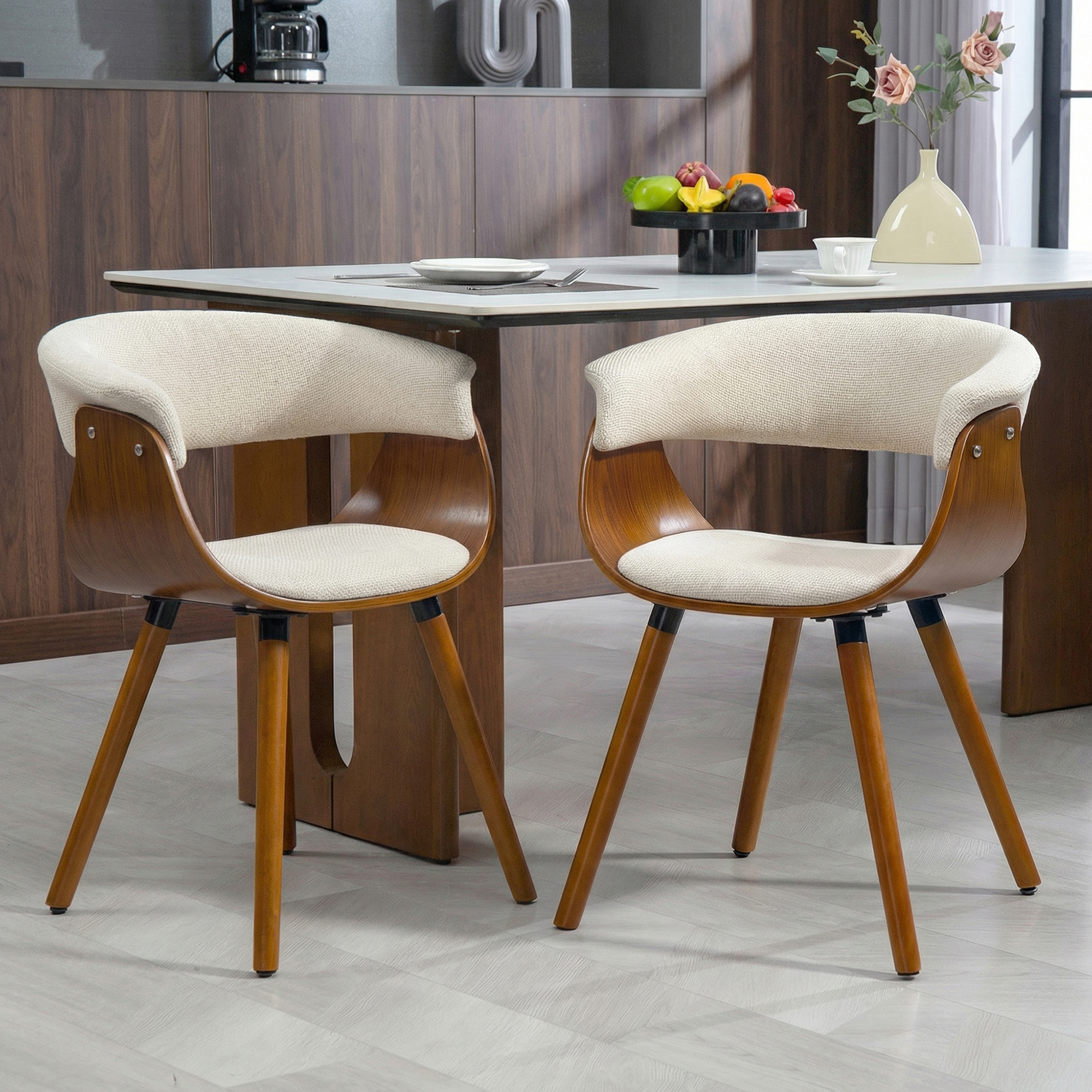 Esszimmerstuhl, Stoff in Leinenoptik, gebogene Rückenlehne, Holzbeine, Beige