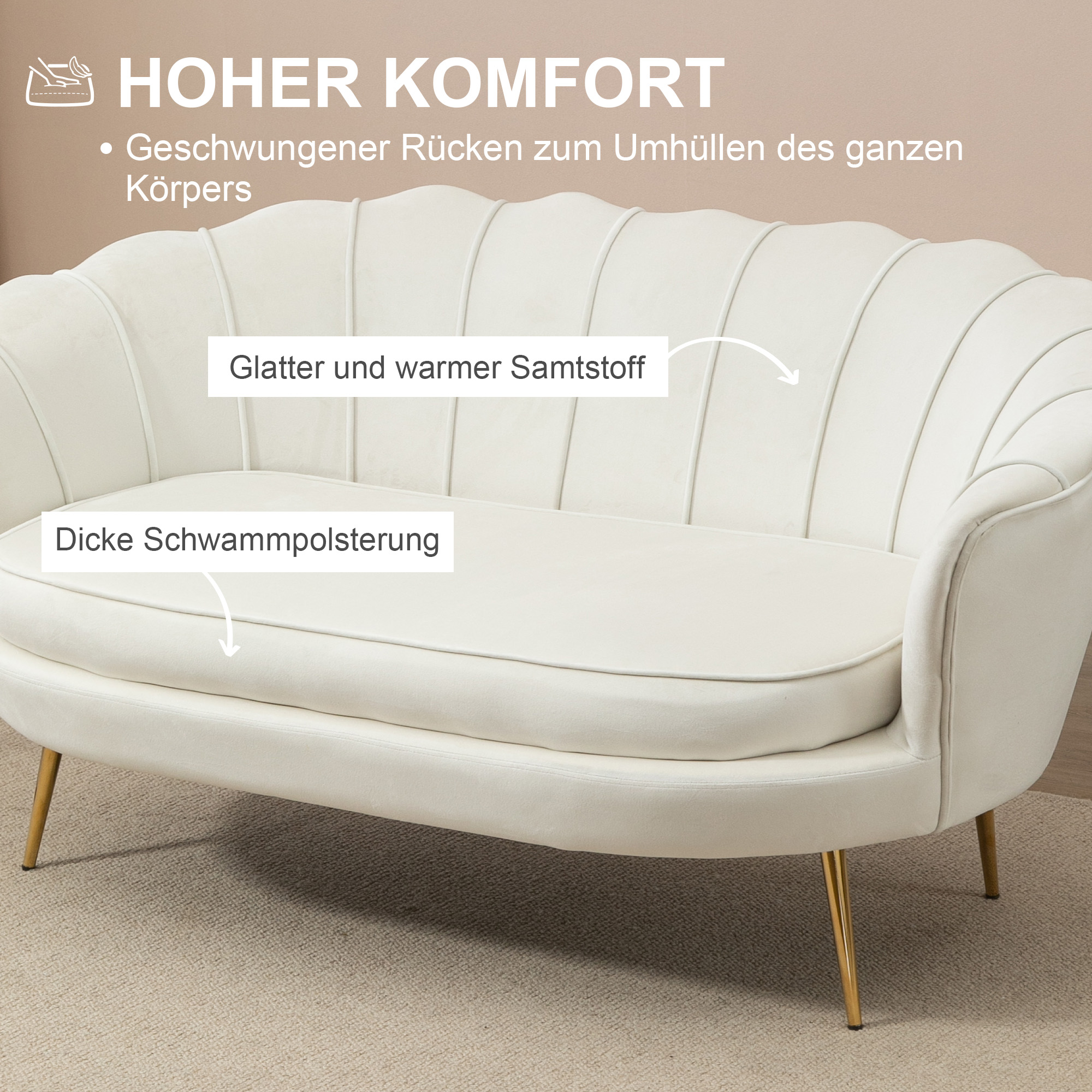 Vintage 2-Sitzer Sofa, Couch, Polstermöbel, Samtoptik, bis 150 kg, Creme/Gold