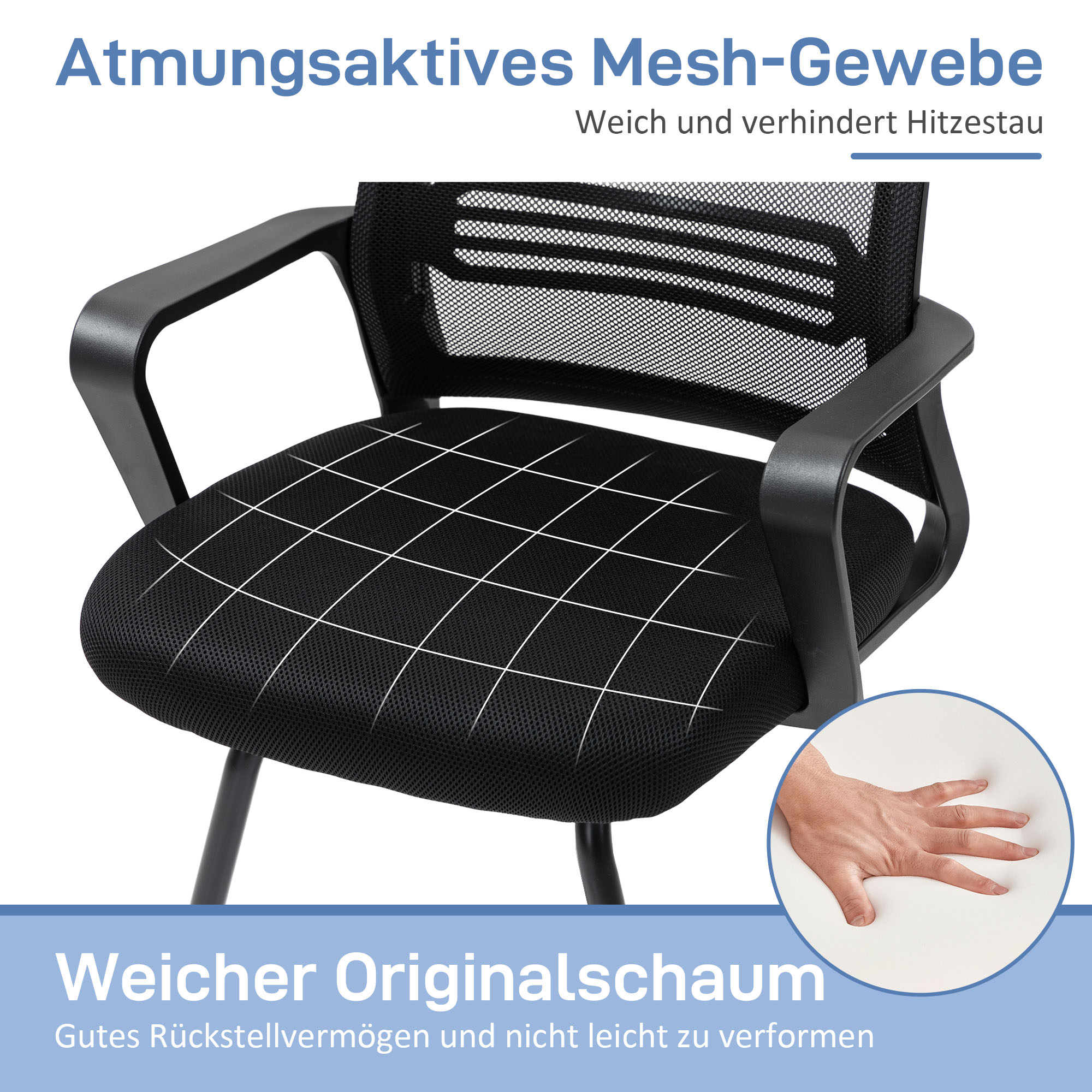 ergonomischer Stuhl, Netzstoff, Schaumstoff, Metallbeine, Kufenbasis, Schwarz