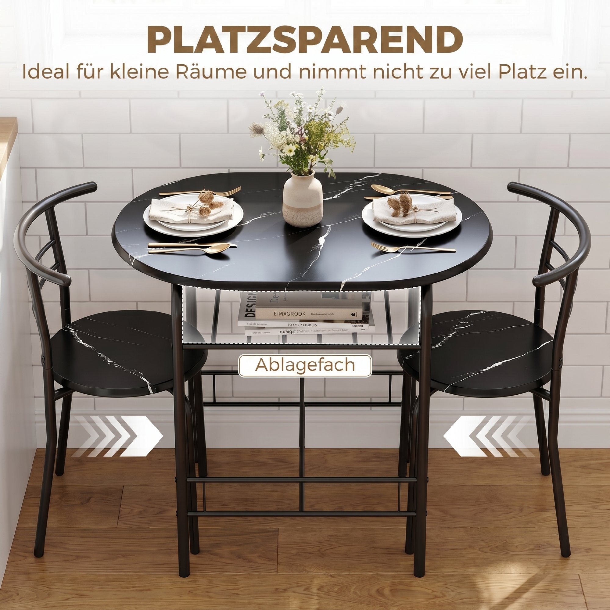 Essgruppe 3-teilig, Küchentisch und Stühle für 2 Personen mit Regal, Wohnzimmer, schwarze Marmor-Optik