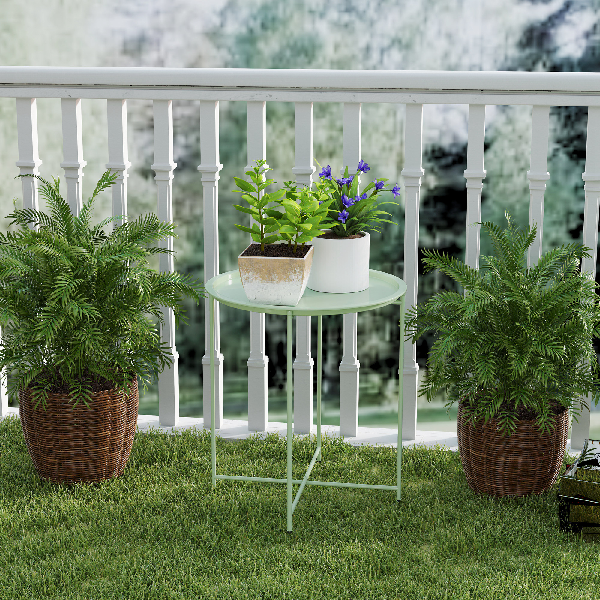 Gartentisch, runder Außen-Beistelltisch aus Stahl mit herausnehmbarem Tablett, faltbares Design, Terrassentisch, Grün