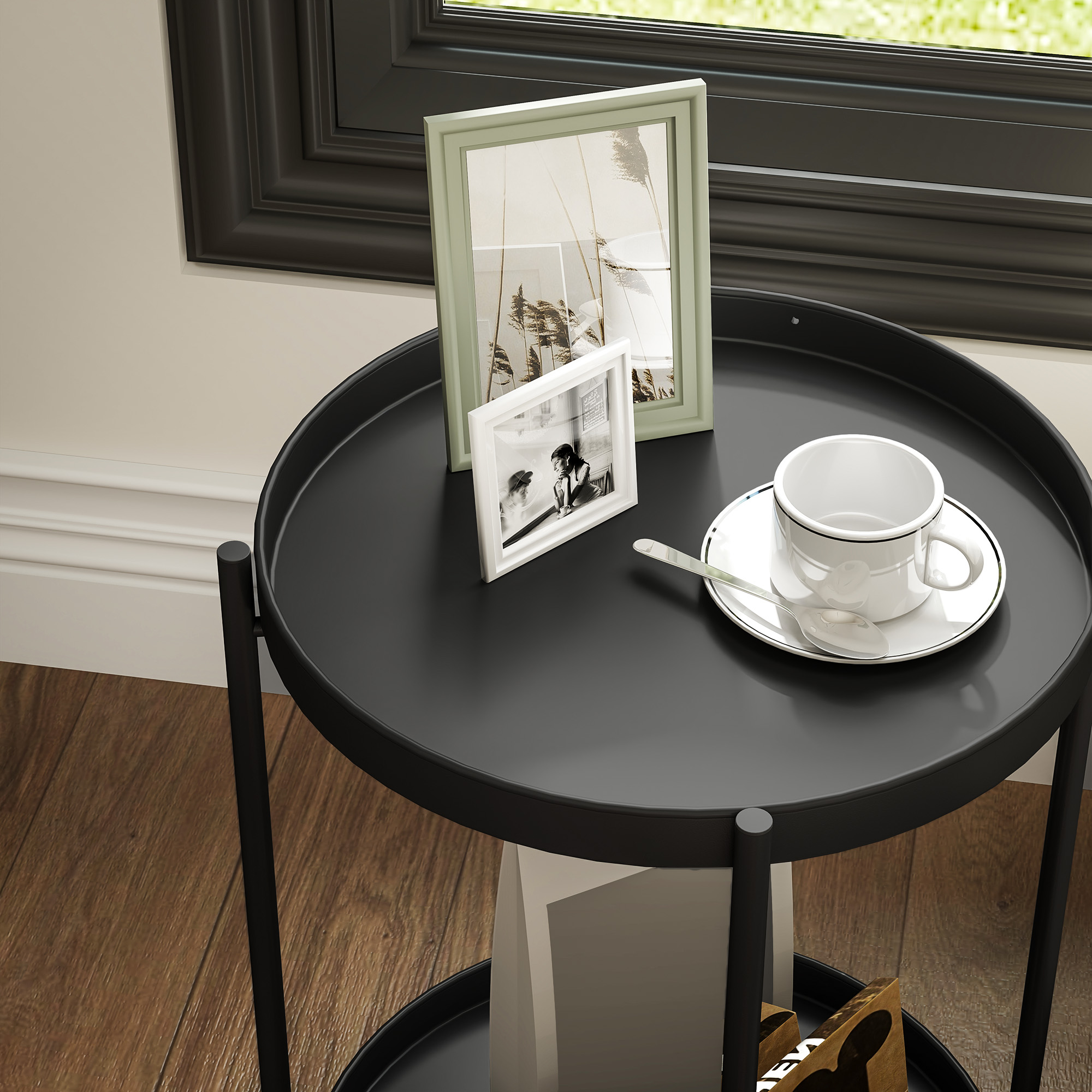 Runder Beistelltisch mit Regalboden, 2-stufiger Kaffeetisch für Wohnzimmer, Schlafzimmer, kleine Räume, Metall, Schwarz