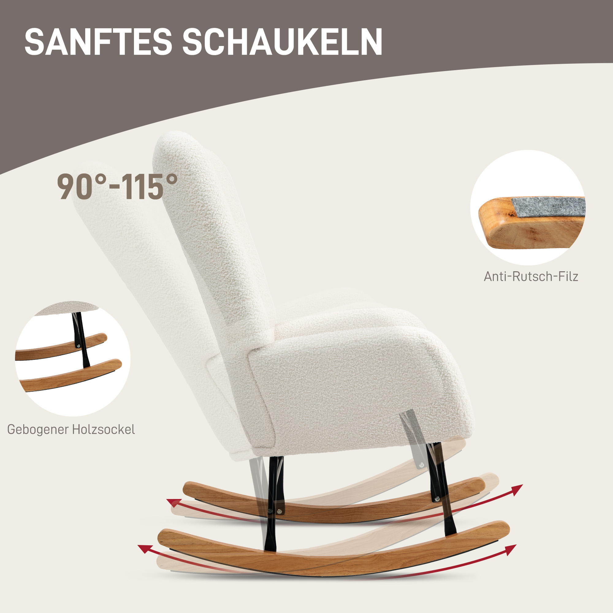 Schaukelstuhl, kuscheliger Bezug, dicke Polsterung, Lendenkissen, rutschfest, Cremeweiß