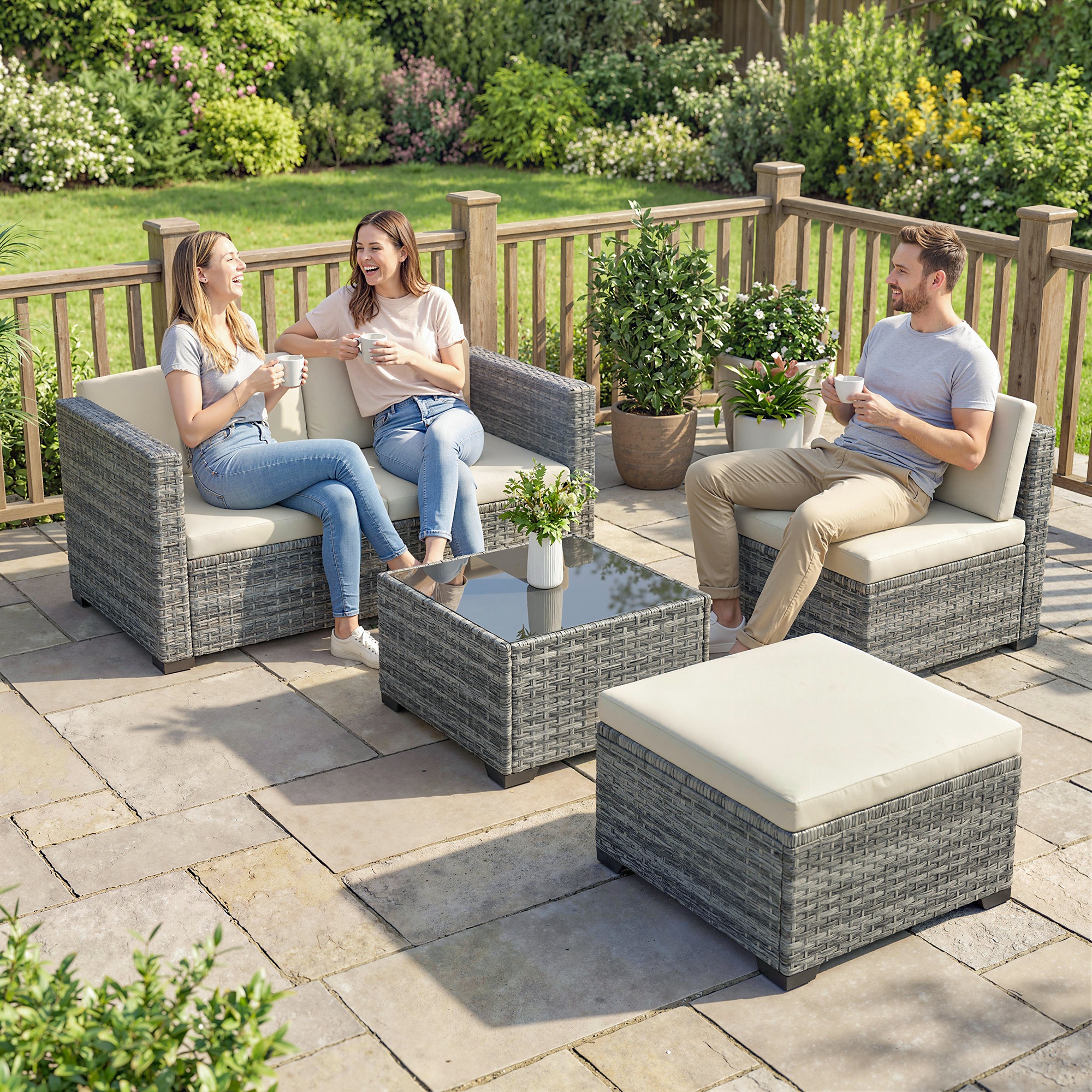 Polyrattan Gartenmöbel Set 5-teilig, Lounge Set mit Ecksofa Hocker Tisch Sitz- & Rückenkissen Grau+Cremeweiß