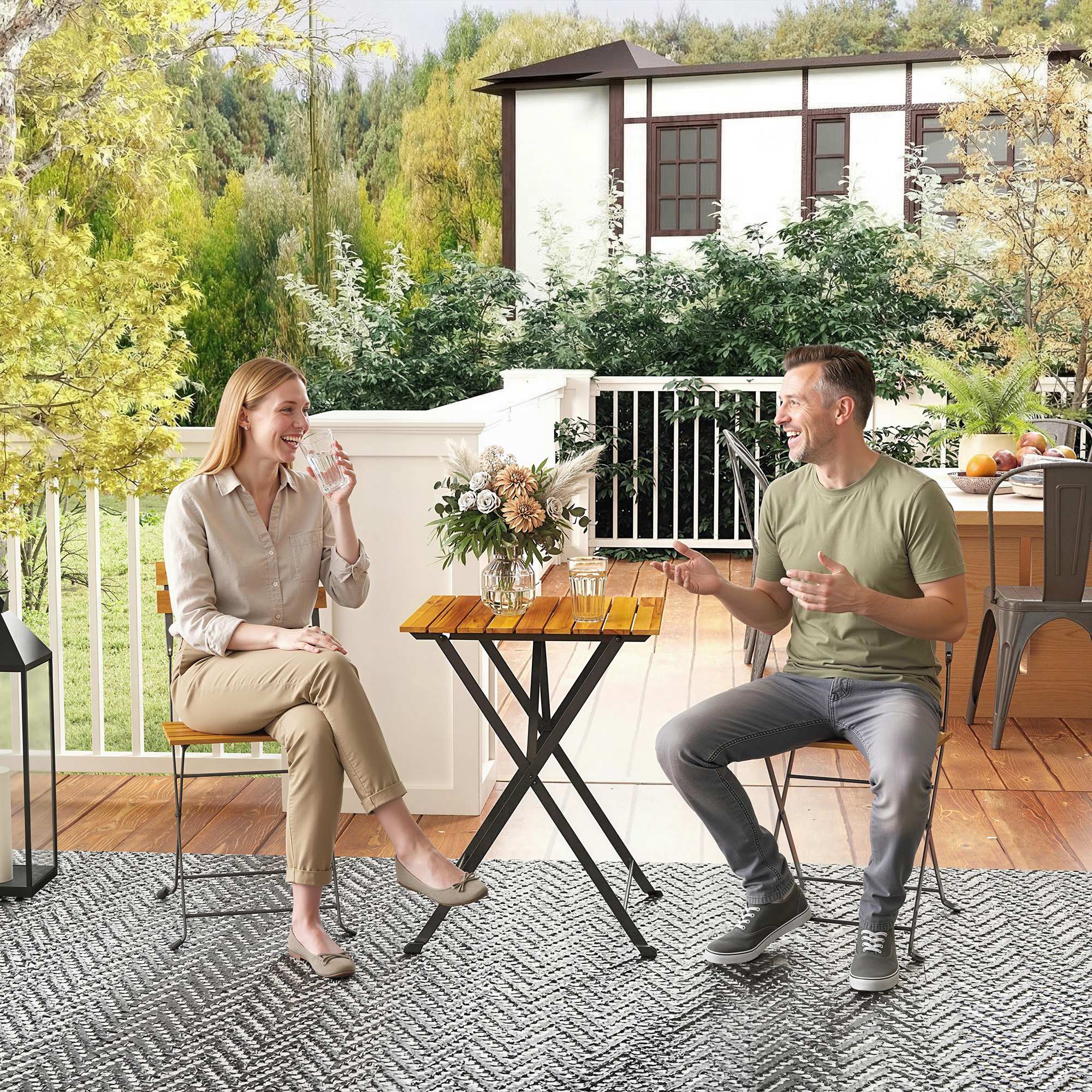 Sitzgruppe 3 tlg. Essgruppe für 2 Personen klappbarer Esstisch mit 2 klappbare Stühle für Terrasse Balkon Teak