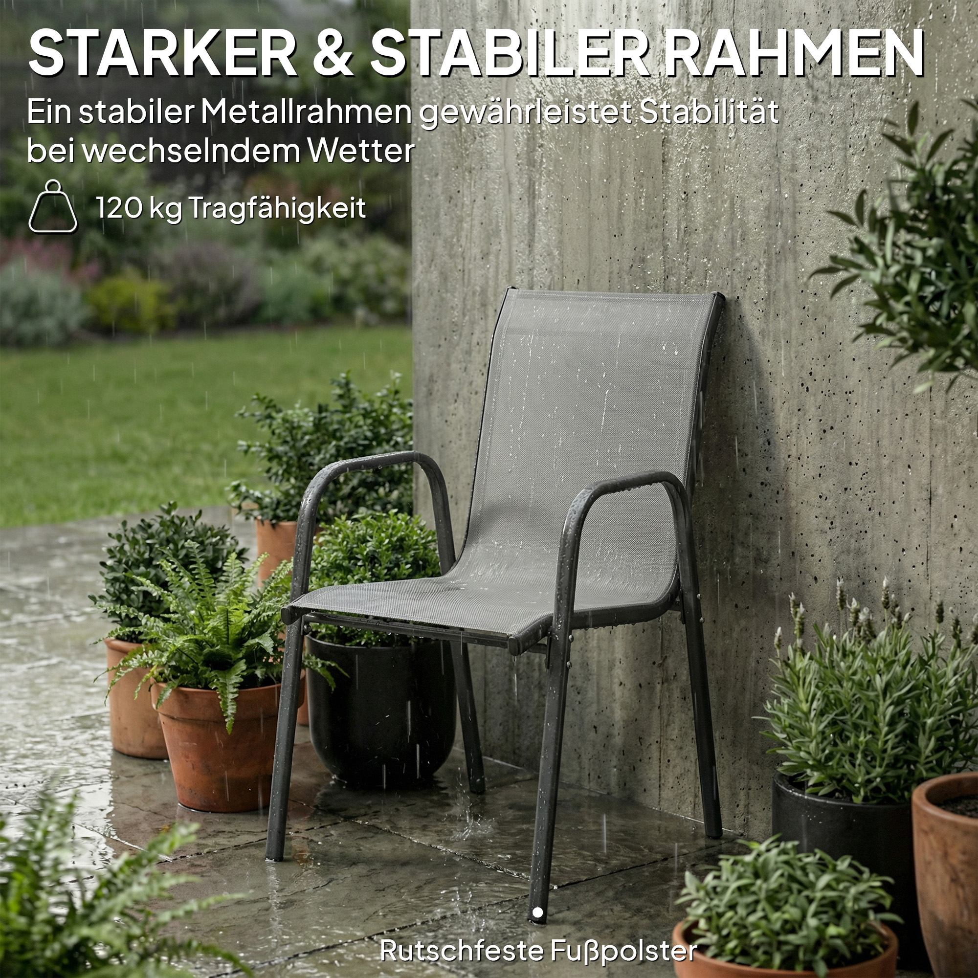 Gartenstühle 4er Set Stapelbare Terrassenstühle mit Atmungsaktive Rücken, Armlehnen 120 kg Belast