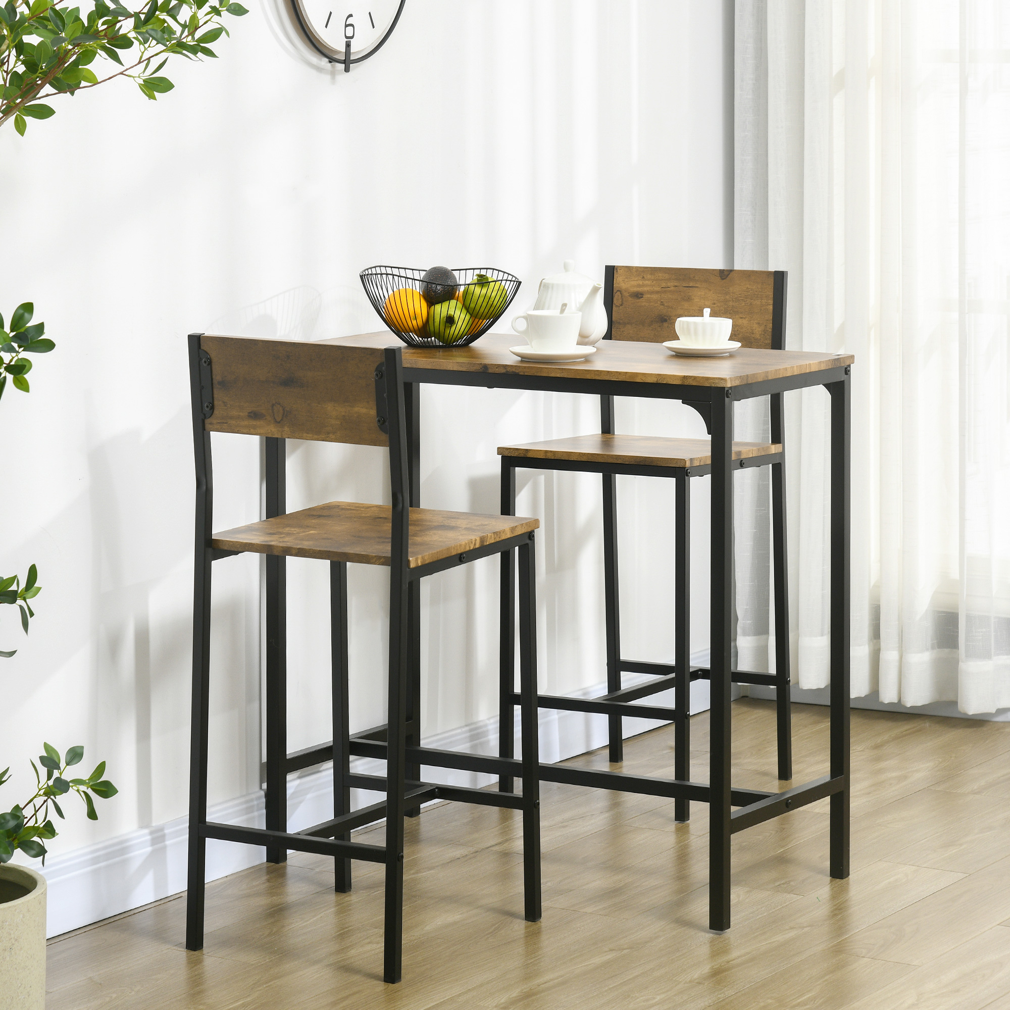 3-teiliges Bar-Set, Stehtisch, 2 Stühle, MDF, Metallrahmen, wasserfest, Braun