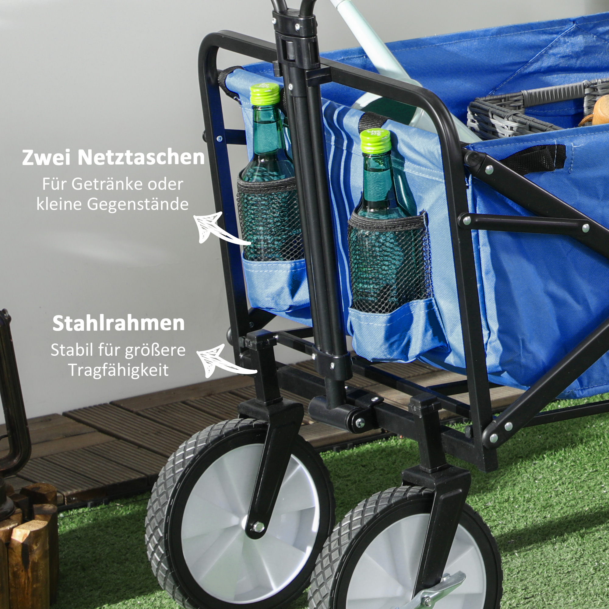 Bollerwagen Handwagen mit faltbar Bremsen Verstellbarem Griff Transportwagen 68 KG Belastbar, Strandwagen Gartenwagen für Strand Garten Einkauf Shopping