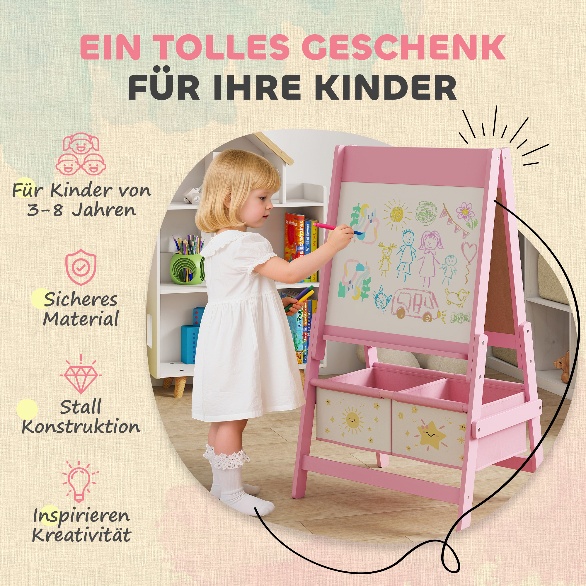 Kinder Staffelei 3 in 1 Kindertafel mit Kreidetafel, Whiteboard, Papierrolle, 2 Aufbewahrungsboxen, für 3-8 Jahre Rosa